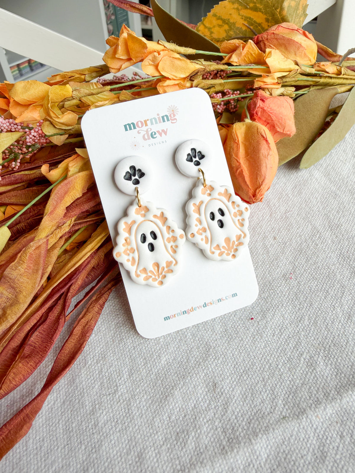 Whimsical Folk Art Floral Ghost Halloween Polymer Clay Dangles | Fall Earrings