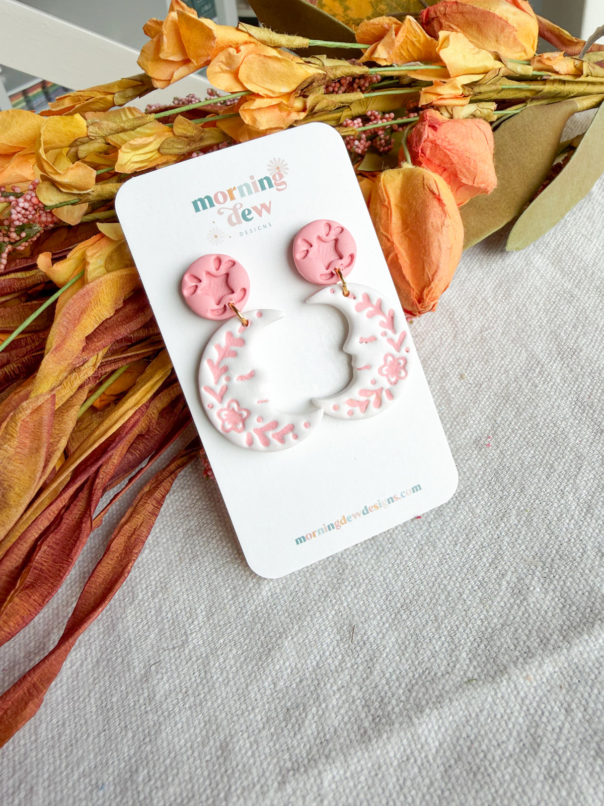 Folk Art Celestial Floral Moon Halloween Polymer Clay Dangles | Fall Earrings