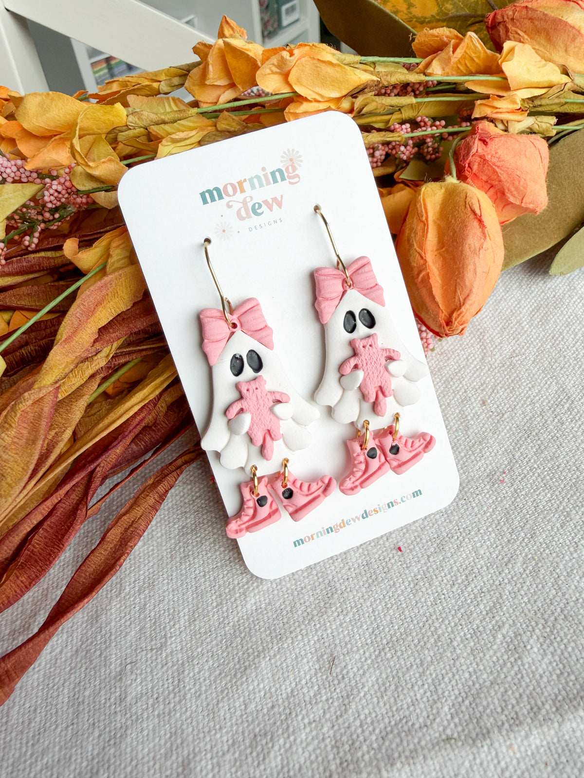 Pink Bow Ghost with Cat Halloween Polymer Clay Dangles | Fall Earrings