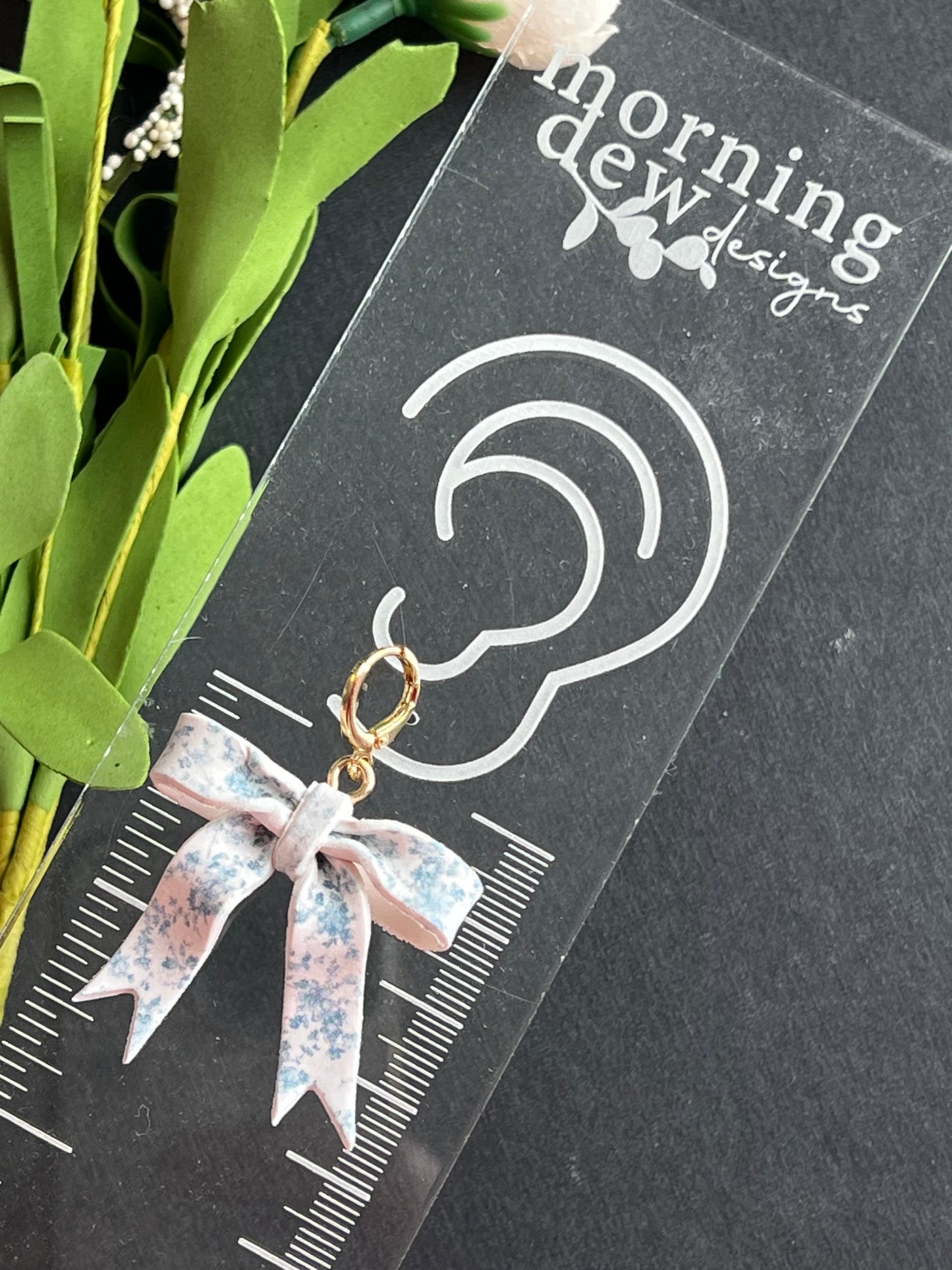 Powder Blue Toile Coquette Bow Polymer Clay Earrings