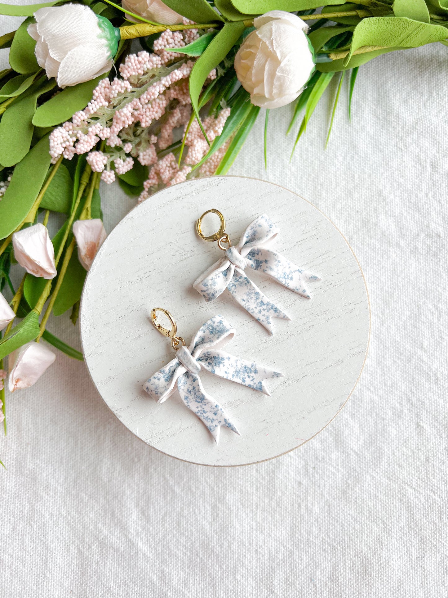 Powder Blue Toile Coquette Bow Polymer Clay Earrings