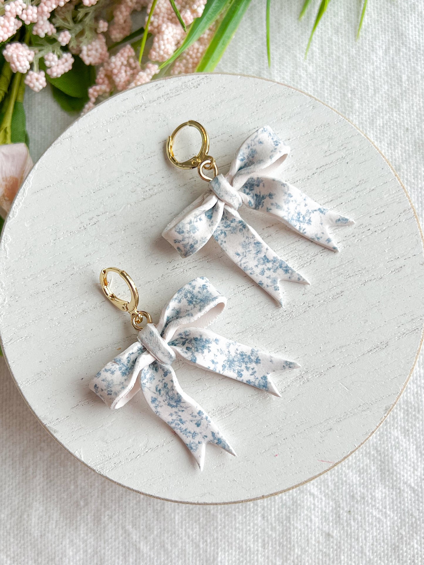 Powder Blue Toile Coquette Bow Polymer Clay Earrings