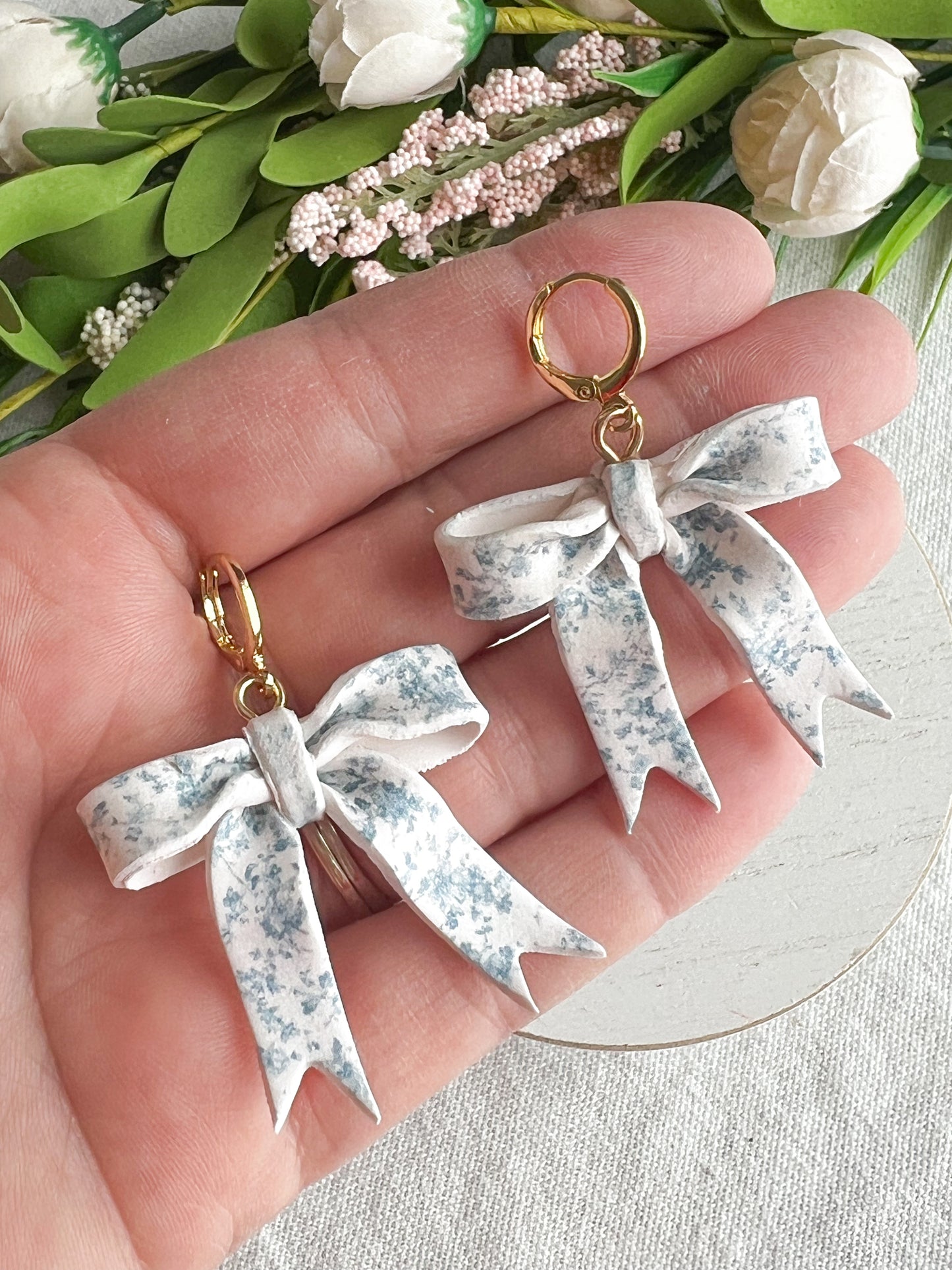 Powder Blue Toile Coquette Bow Polymer Clay Earrings