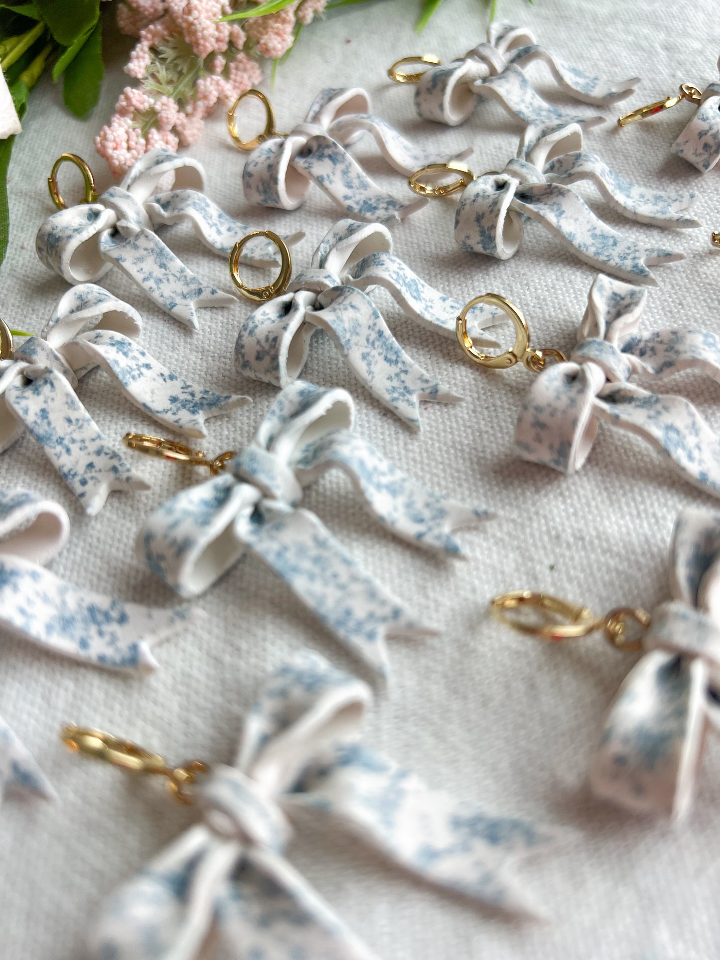 Powder Blue Toile Coquette Bow Polymer Clay Earrings