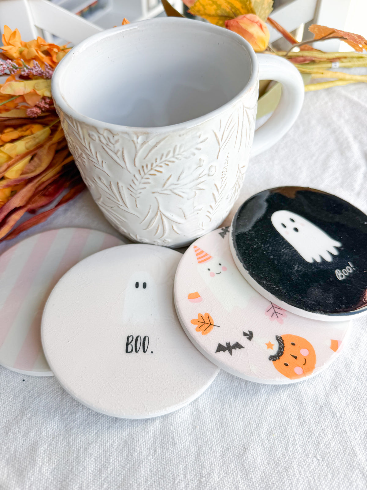Pinkoween Pumpkin and Ghost Beverage Coasters | Set of 4 Table Coasters