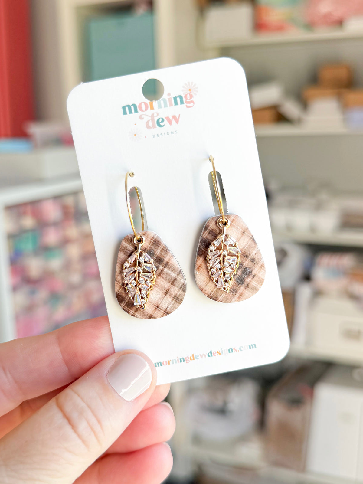 Brown Plaid with Leaf Polymer Clay Earrings