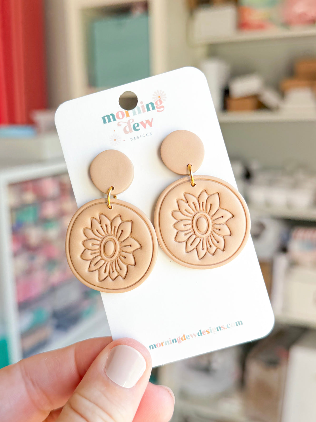 Beige Botanical Sunflower Polymer Clay Earrings