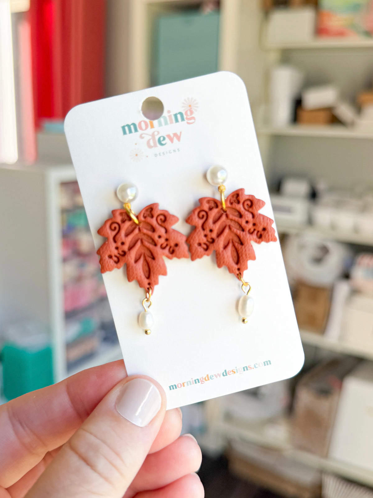 Rust-Orange Folk Art Maple Leaf with Pearl Polymer Clay Earrings