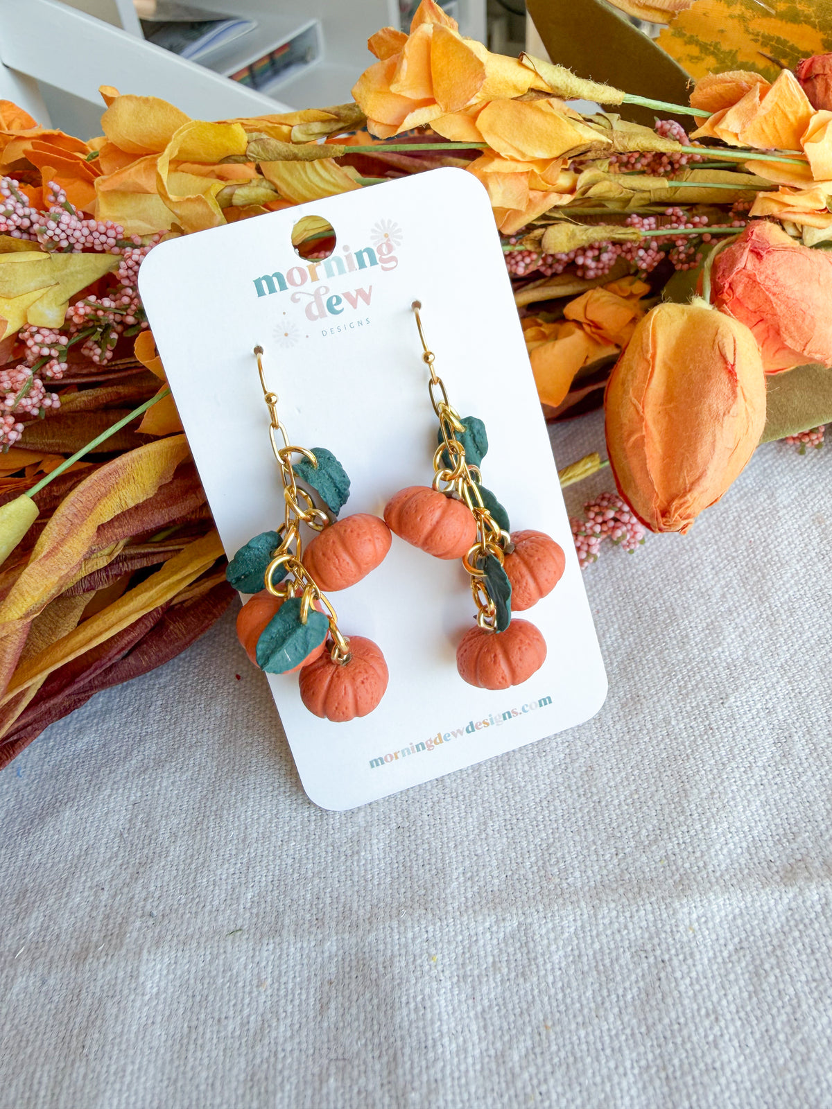 Mini Pumpkin and Leaf Cluster Polymer Clay Earrings