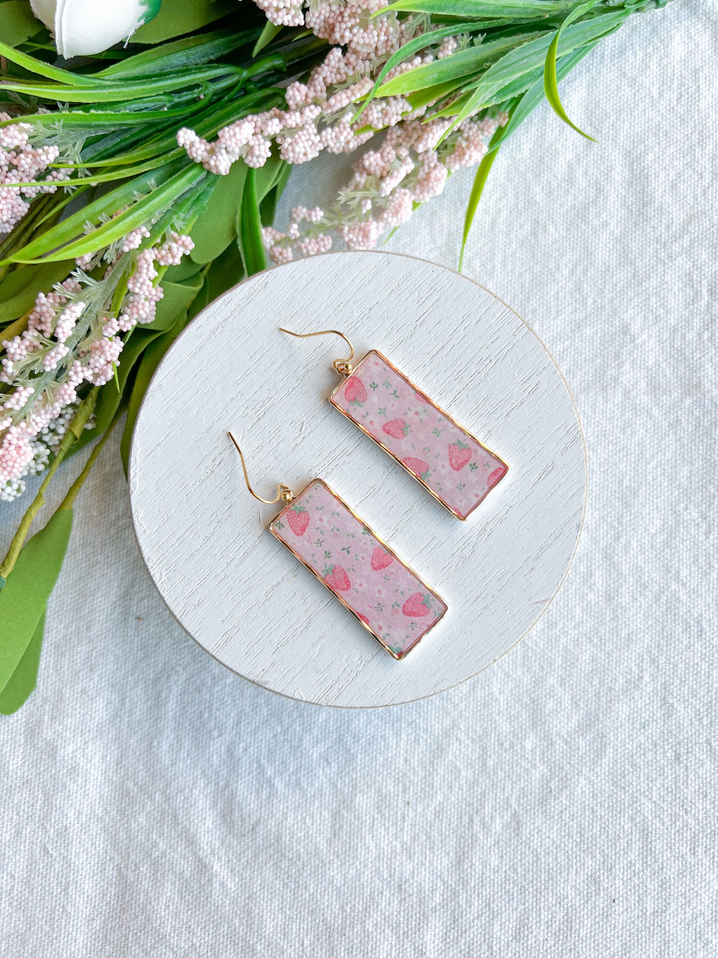 Strawberry Blossom Gold Bezel Polymer Clay Earrings