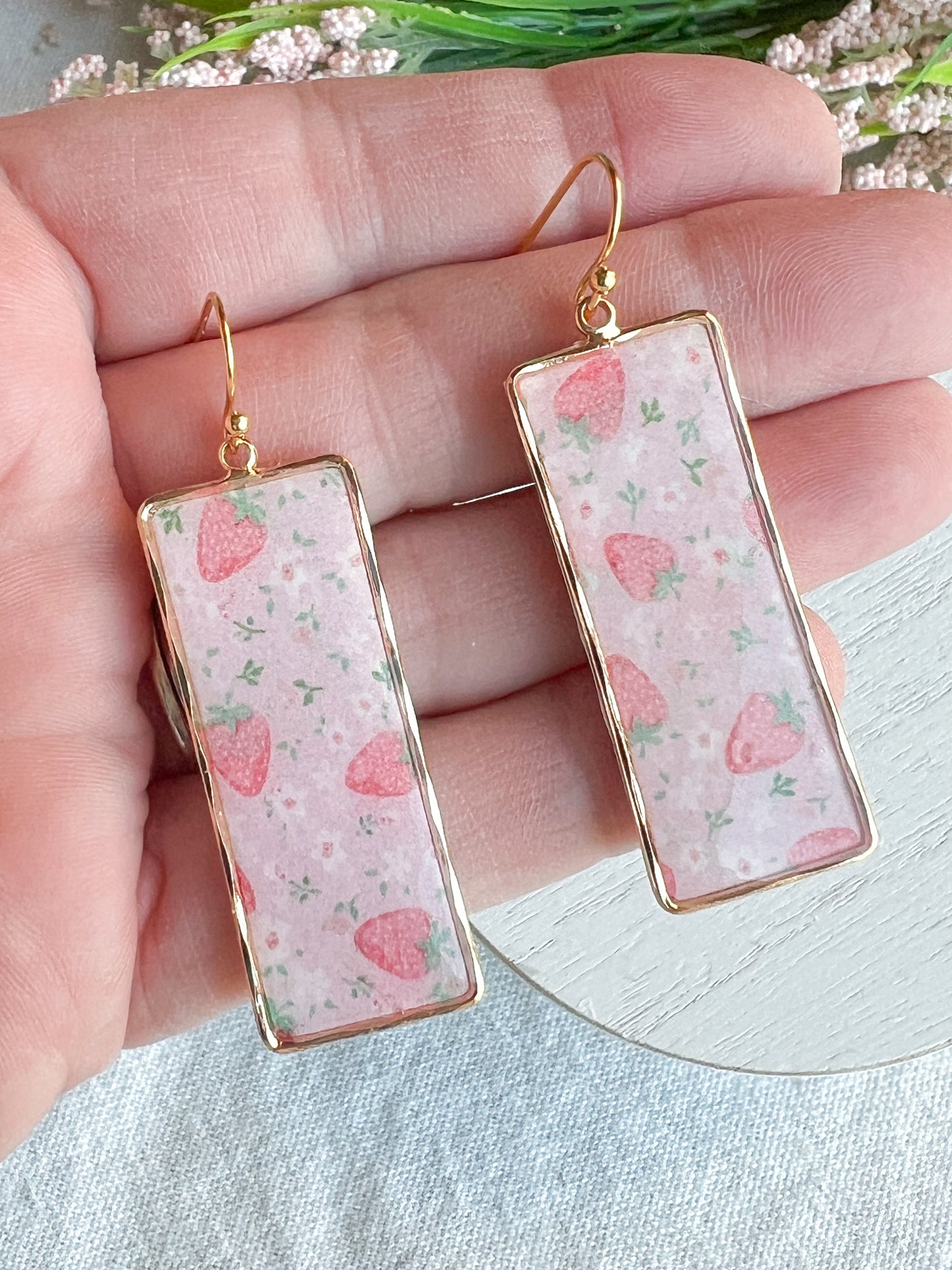 Strawberry Blossom Gold Bezel Polymer Clay Earrings