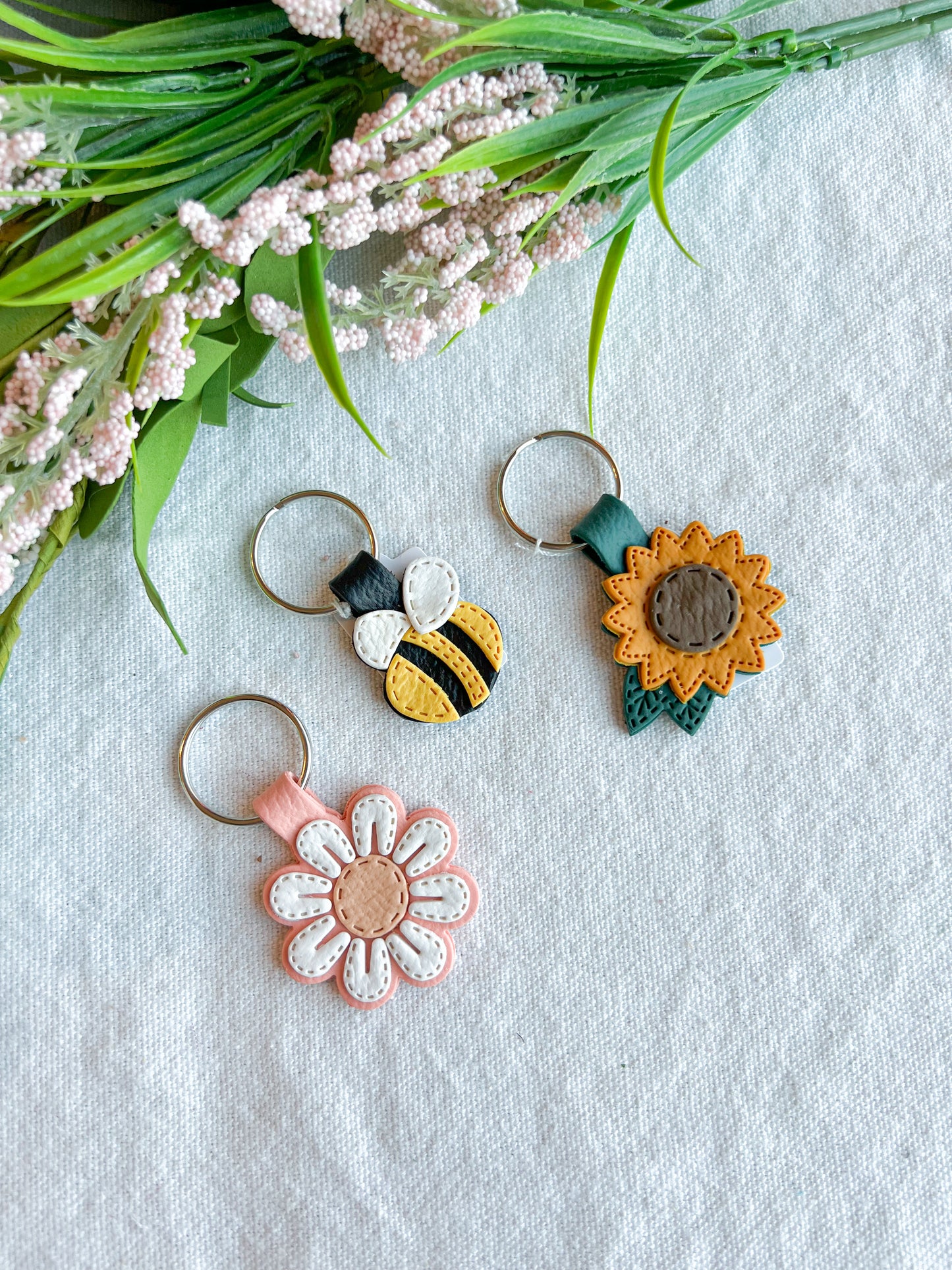 Leather Textured Spring Flower Polymer Clay Keychains