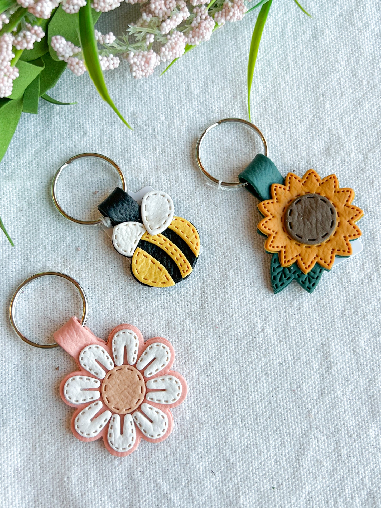 Leather Textured Spring Flower Polymer Clay Keychains