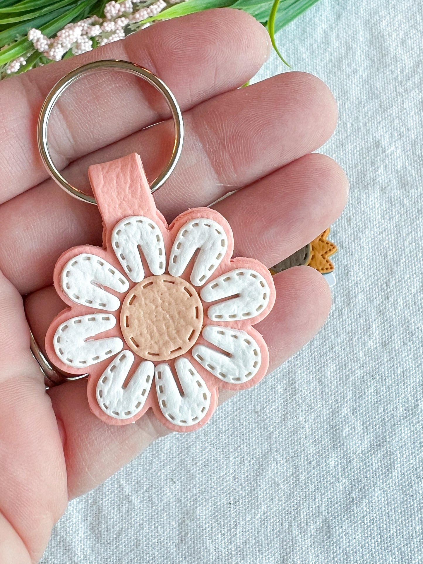 Leather Textured Spring Flower Polymer Clay Keychains