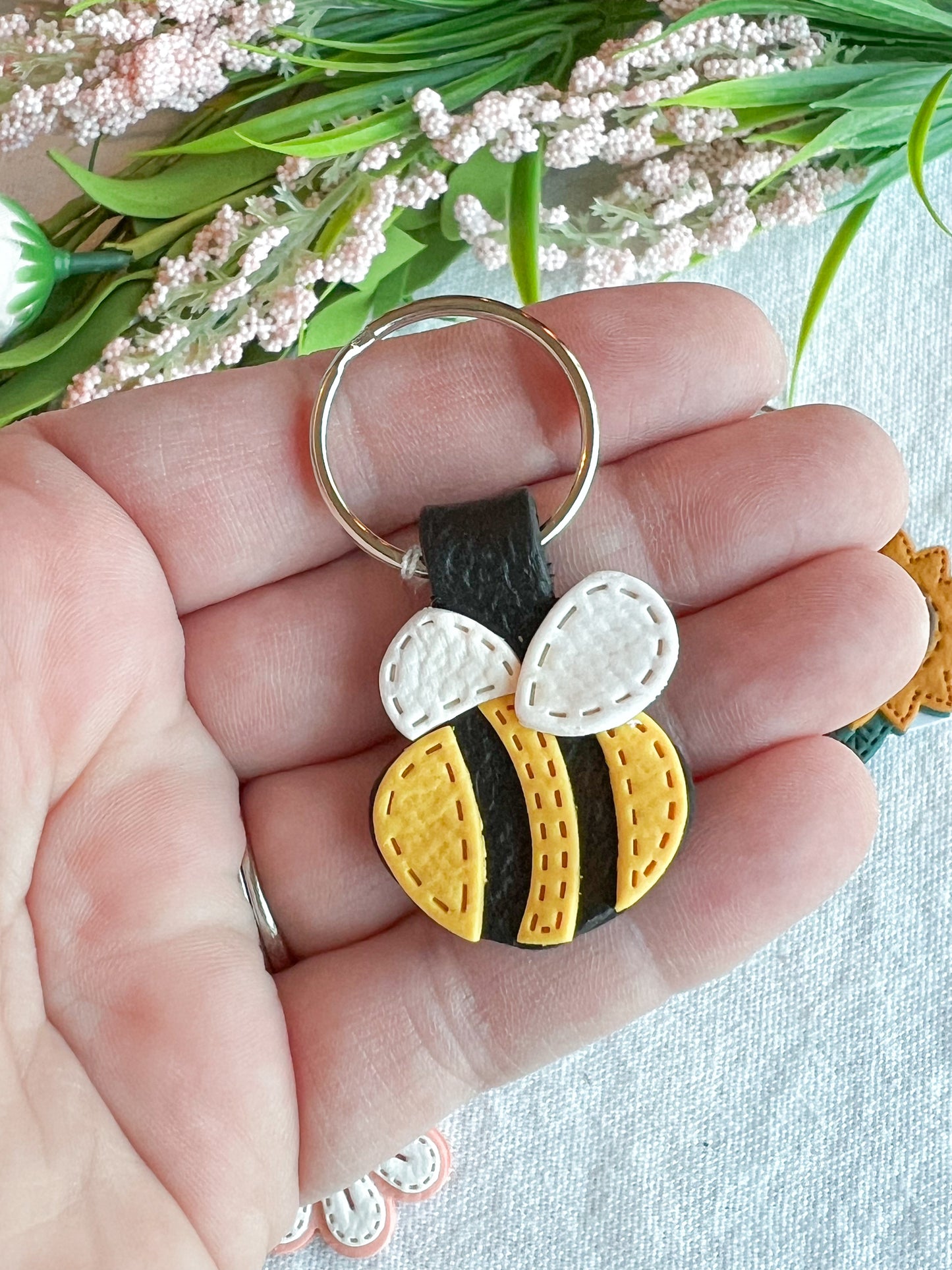 Leather Textured Spring Flower Polymer Clay Keychains