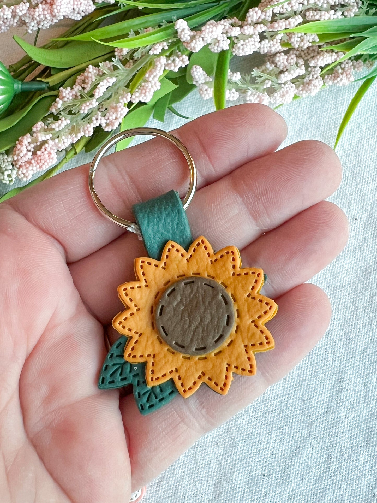 Leather Textured Spring Flower Polymer Clay Keychains