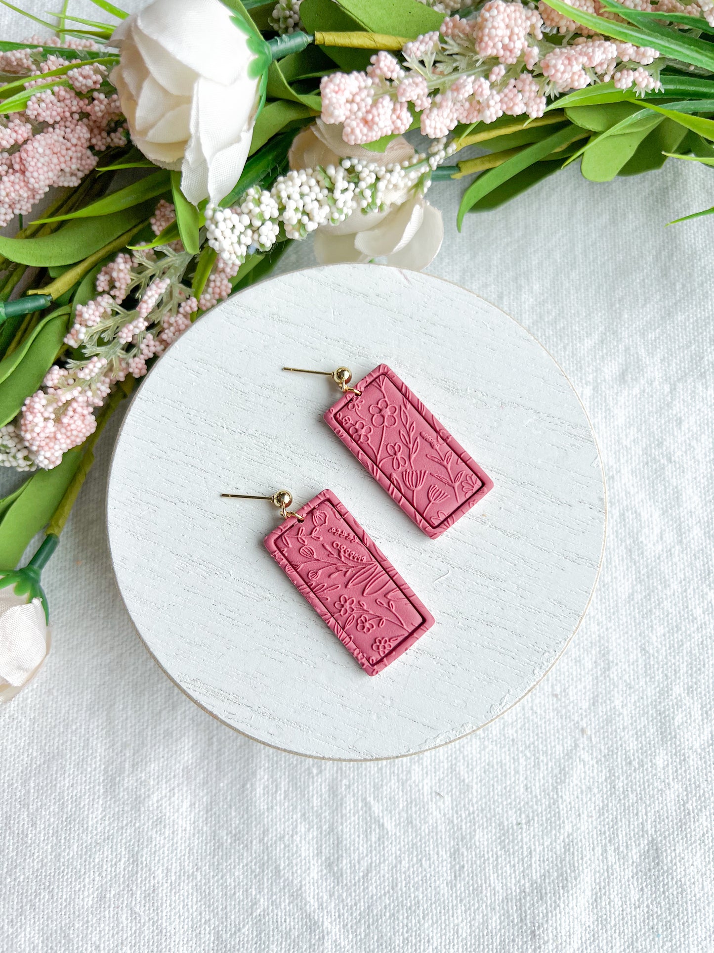 Strawberry Flower Field Embossed Rectangle Polymer Clay Earrings