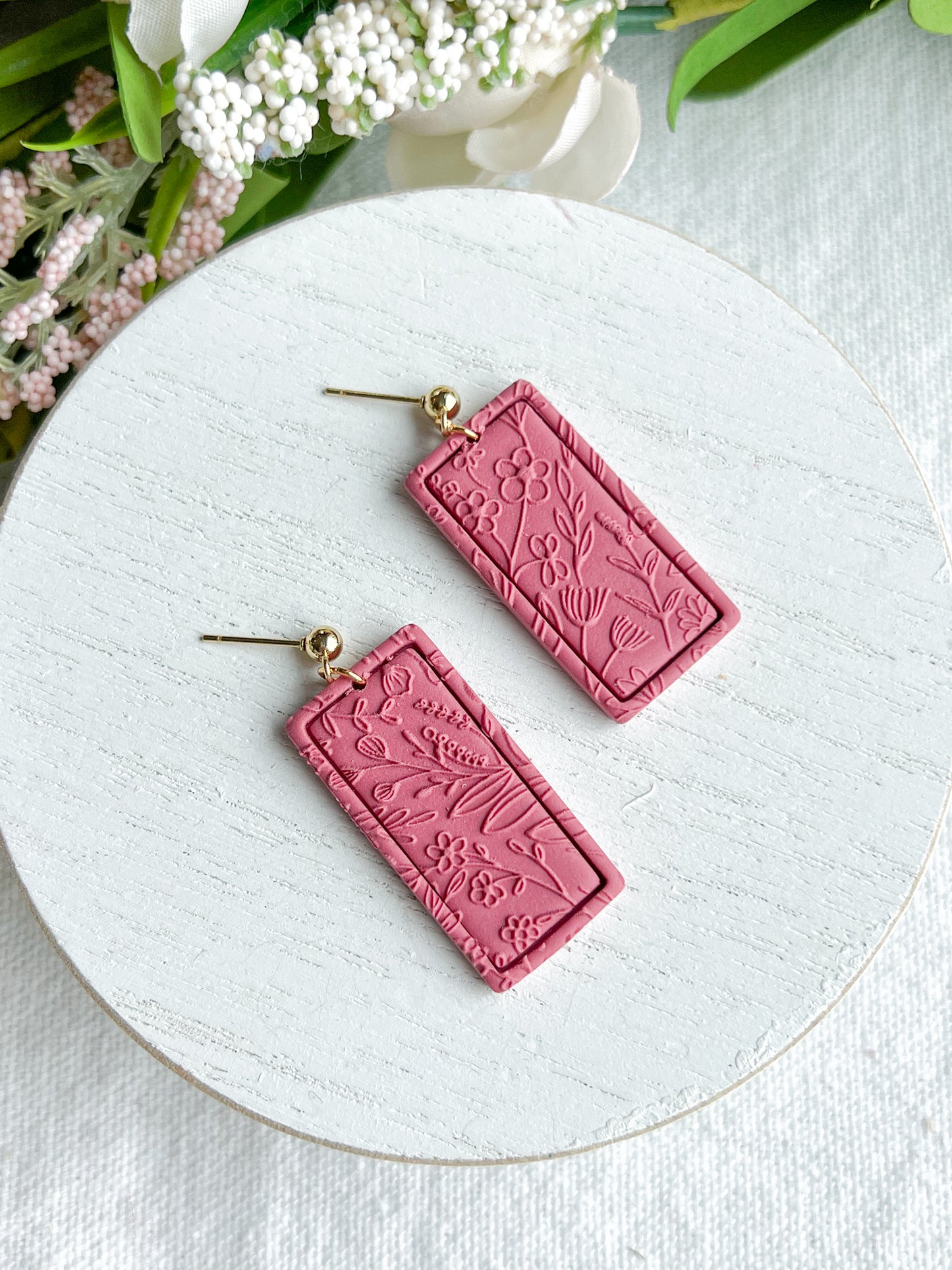 Strawberry Flower Field Embossed Rectangle Polymer Clay Earrings