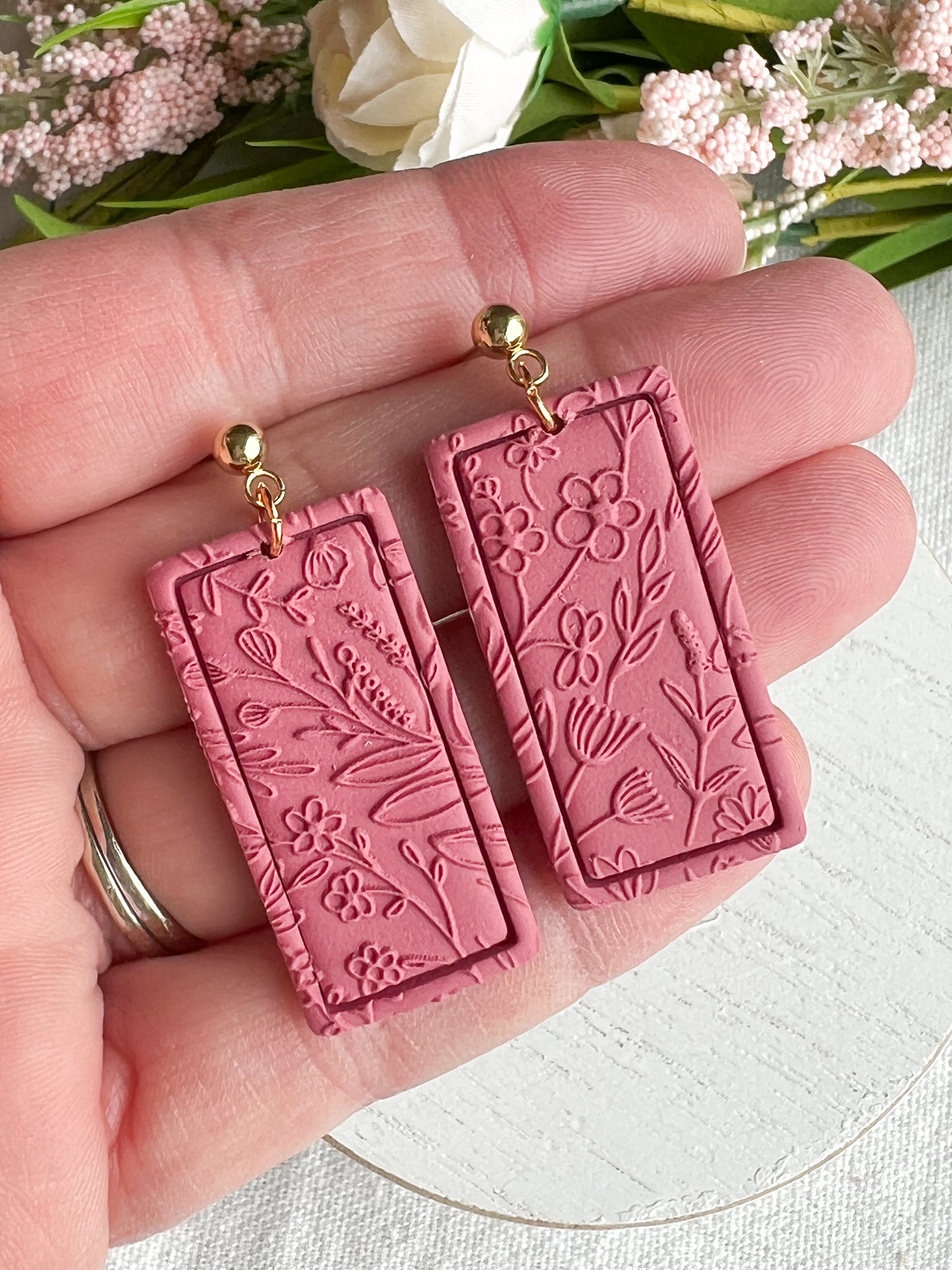 Strawberry Flower Field Embossed Rectangle Polymer Clay Earrings