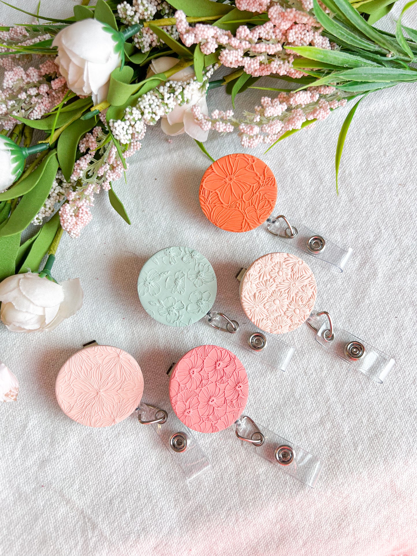 Colorful Textured Summer Floral Polymer Clay Badges | Nurse and Teacher Retractable Badges