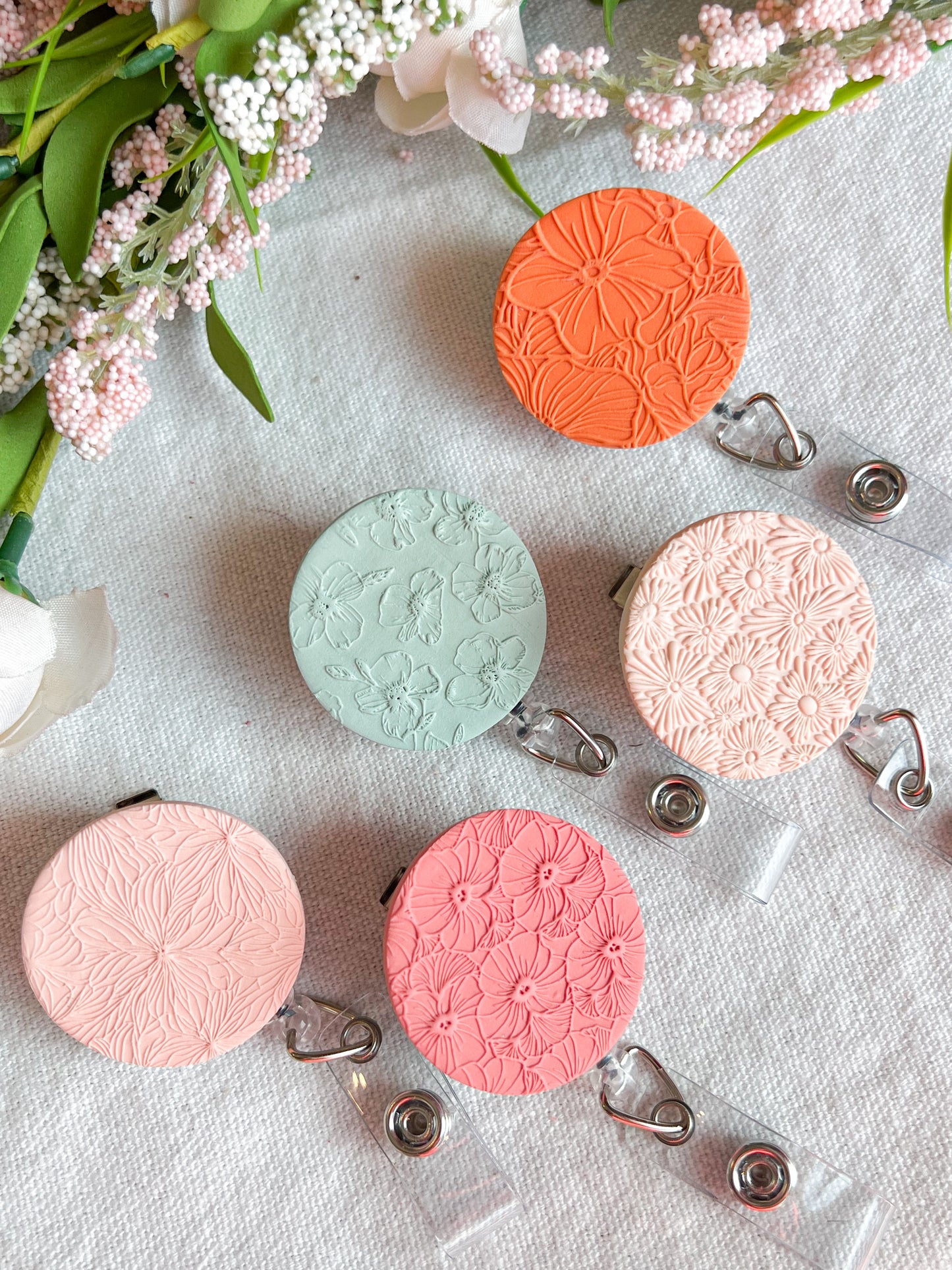 Colorful Textured Summer Floral Polymer Clay Badges | Nurse and Teacher Retractable Badges