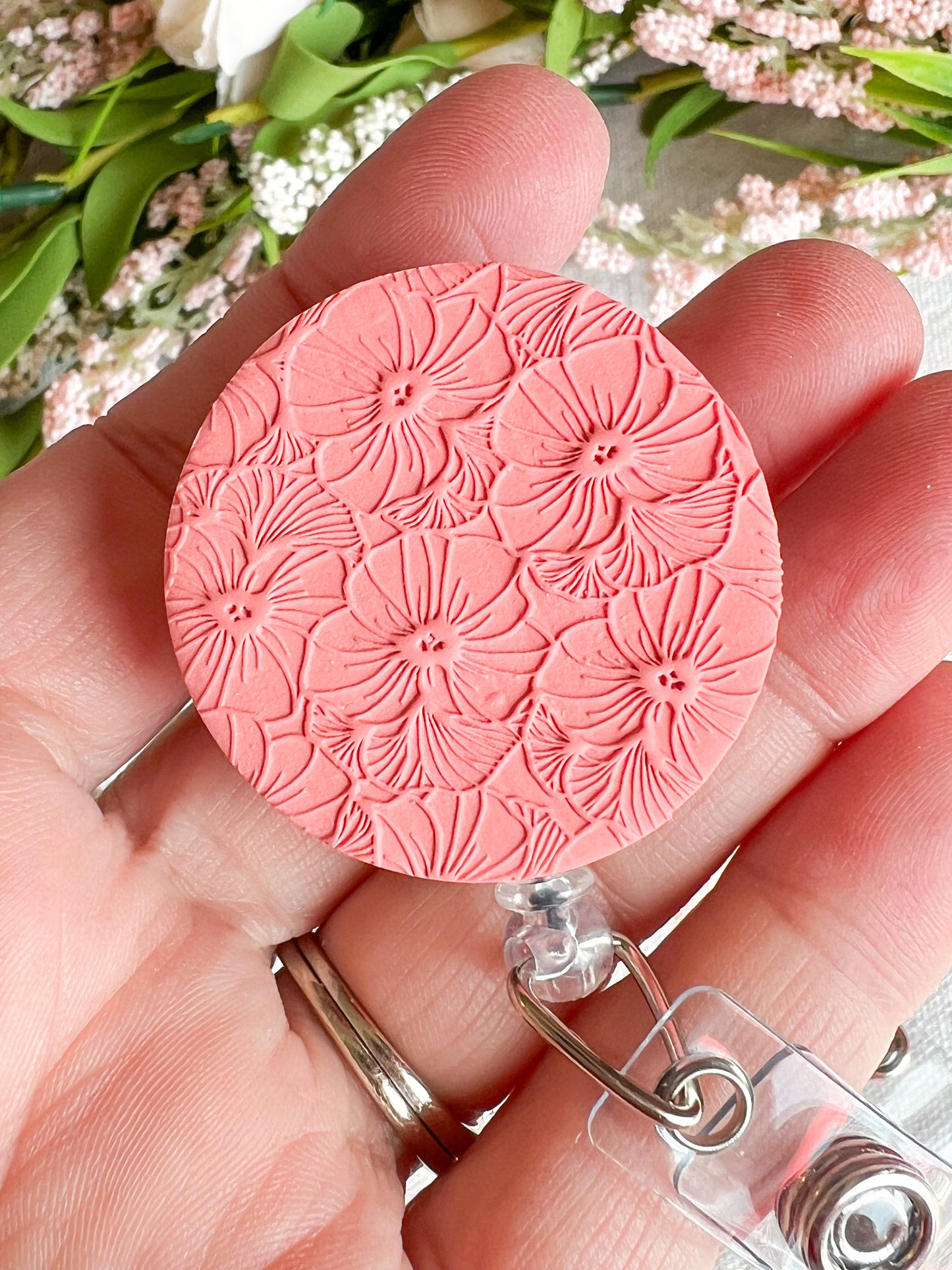 Colorful Textured Summer Floral Polymer Clay Badges | Nurse and Teacher Retractable Badges