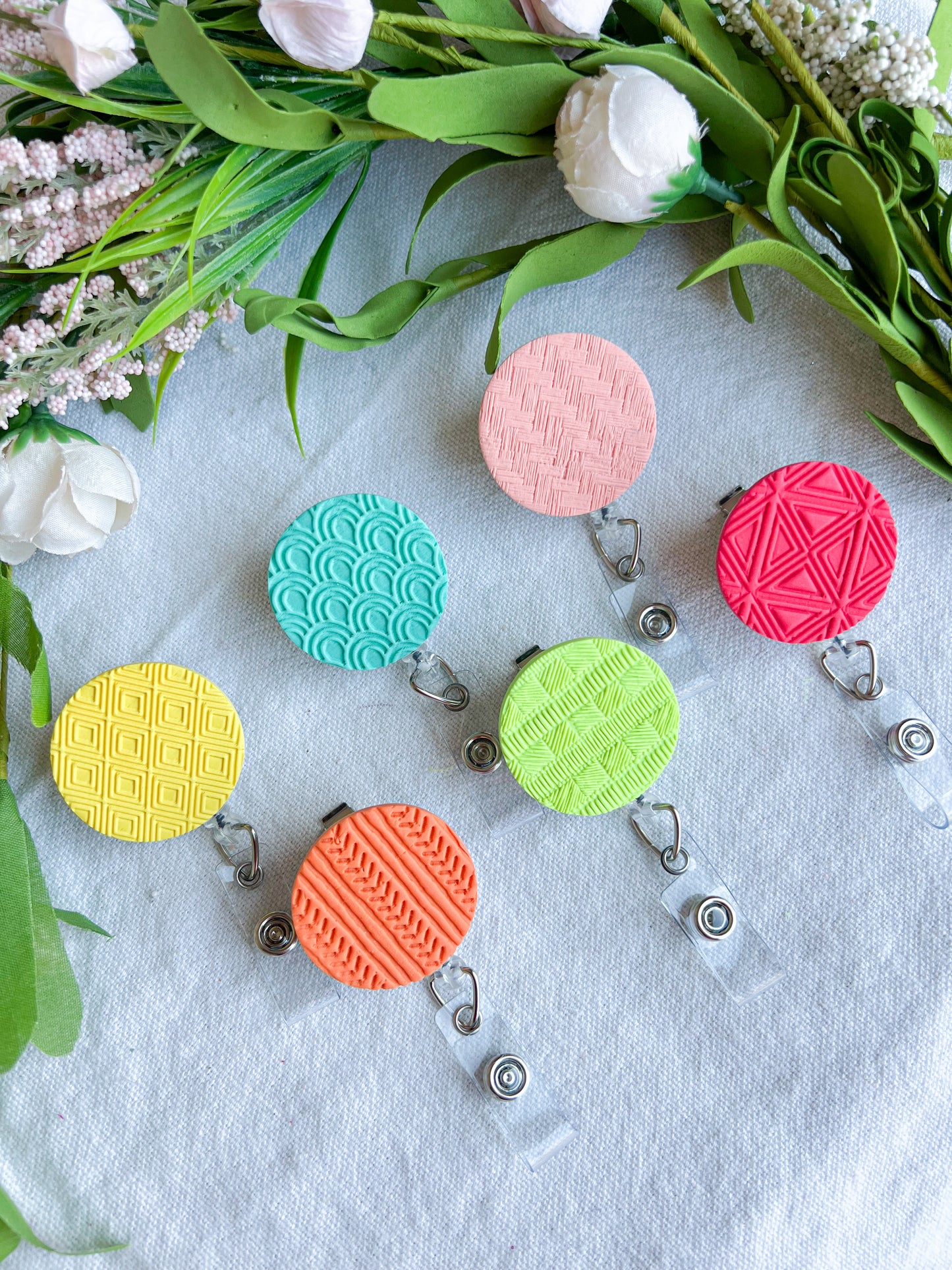Colorful Textured Summer Geometric Polymer Clay Badges | Nurse and Teacher Retractable Badges