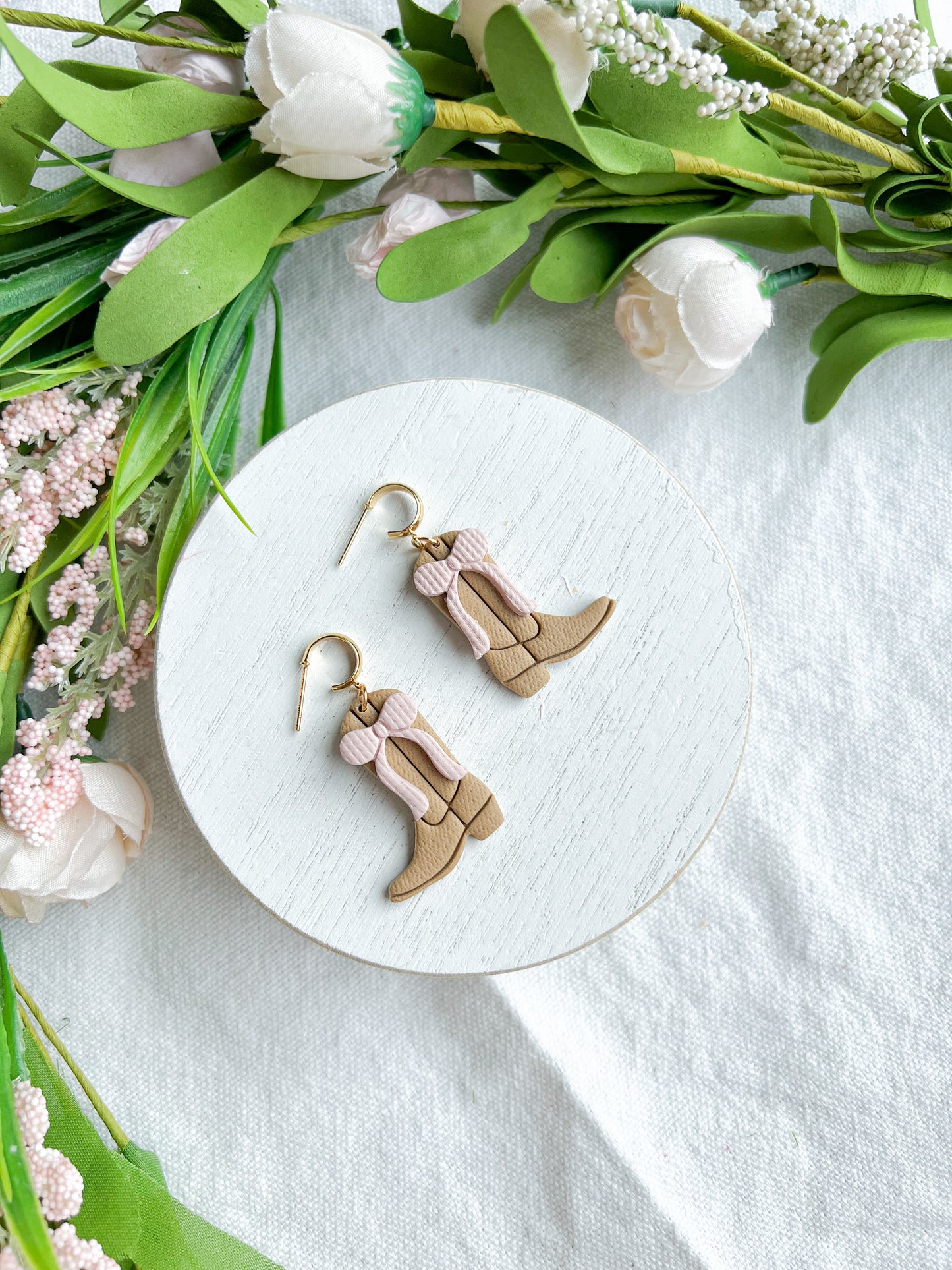 Soft Pink Ribbon Cowgirl Boot Polymer Clay Earrings