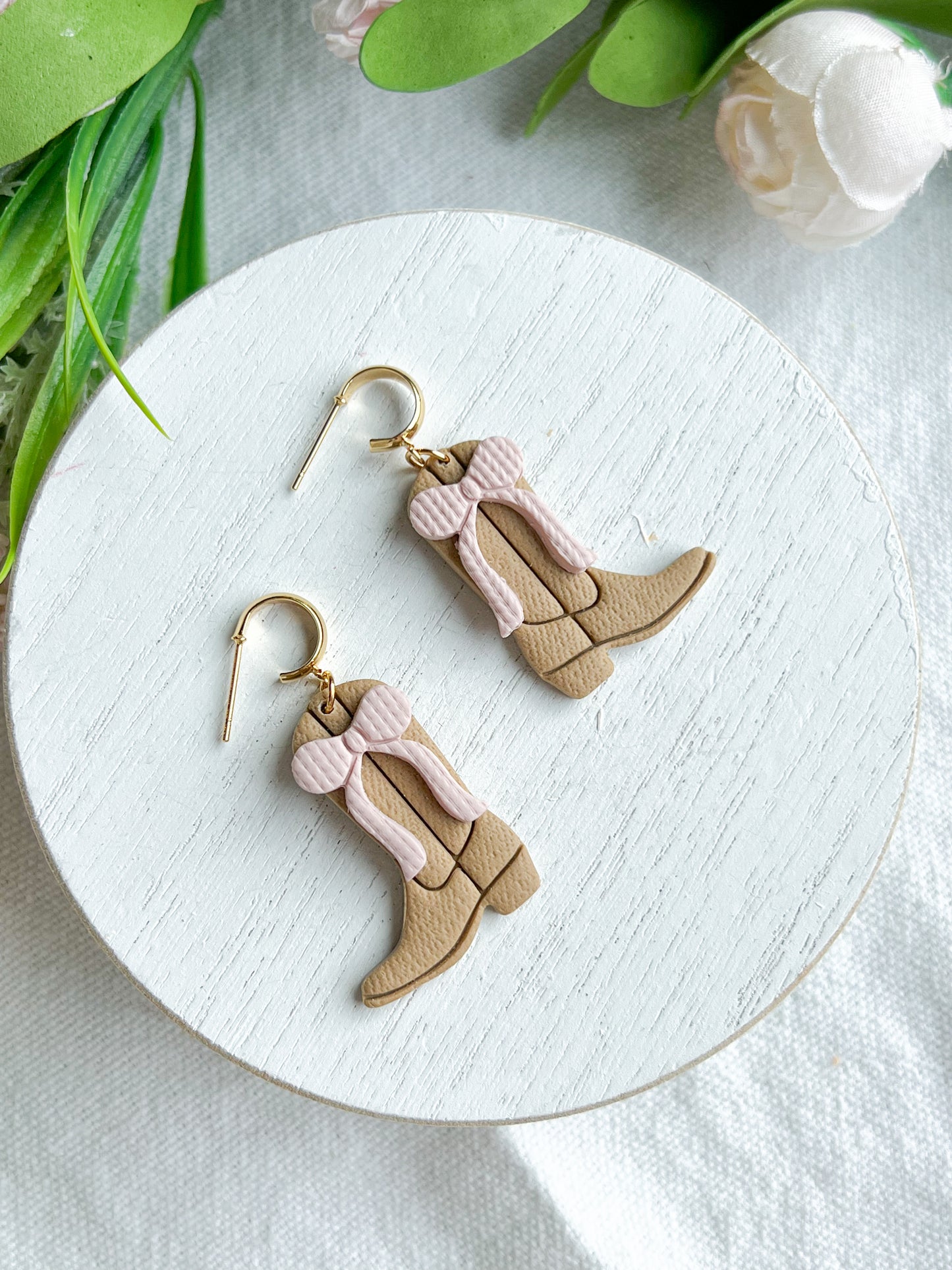 Soft Pink Ribbon Cowgirl Boot Polymer Clay Earrings