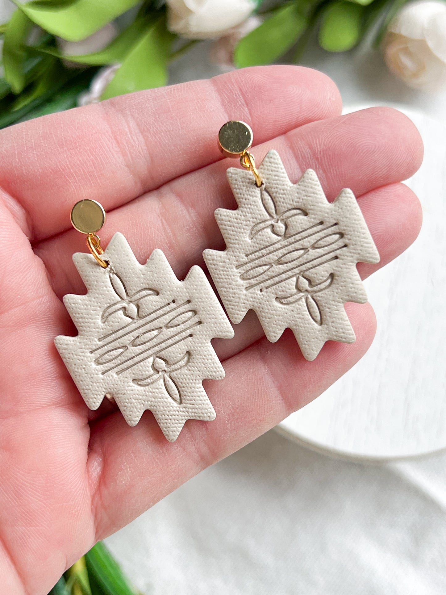 Soft Latte Aztec Stamp Polymer Clay Earrings