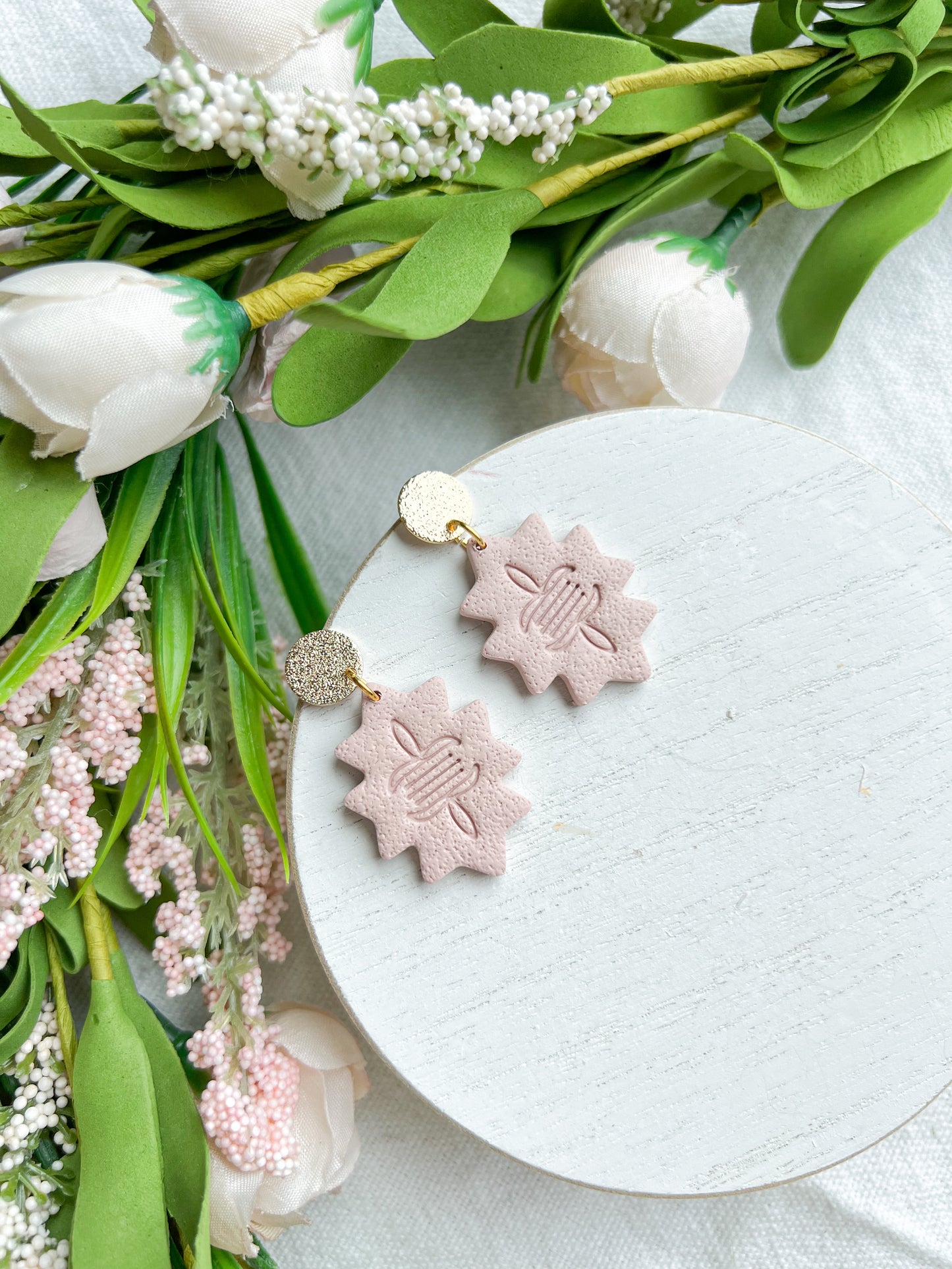 Soft Pink Aztec Stamp Polymer Clay Earrings