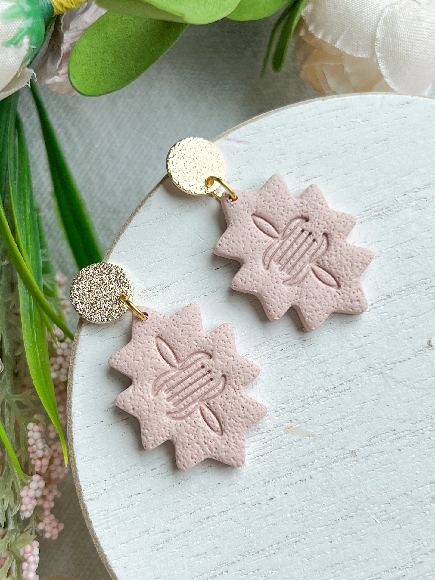 Soft Pink Aztec Stamp Polymer Clay Earrings