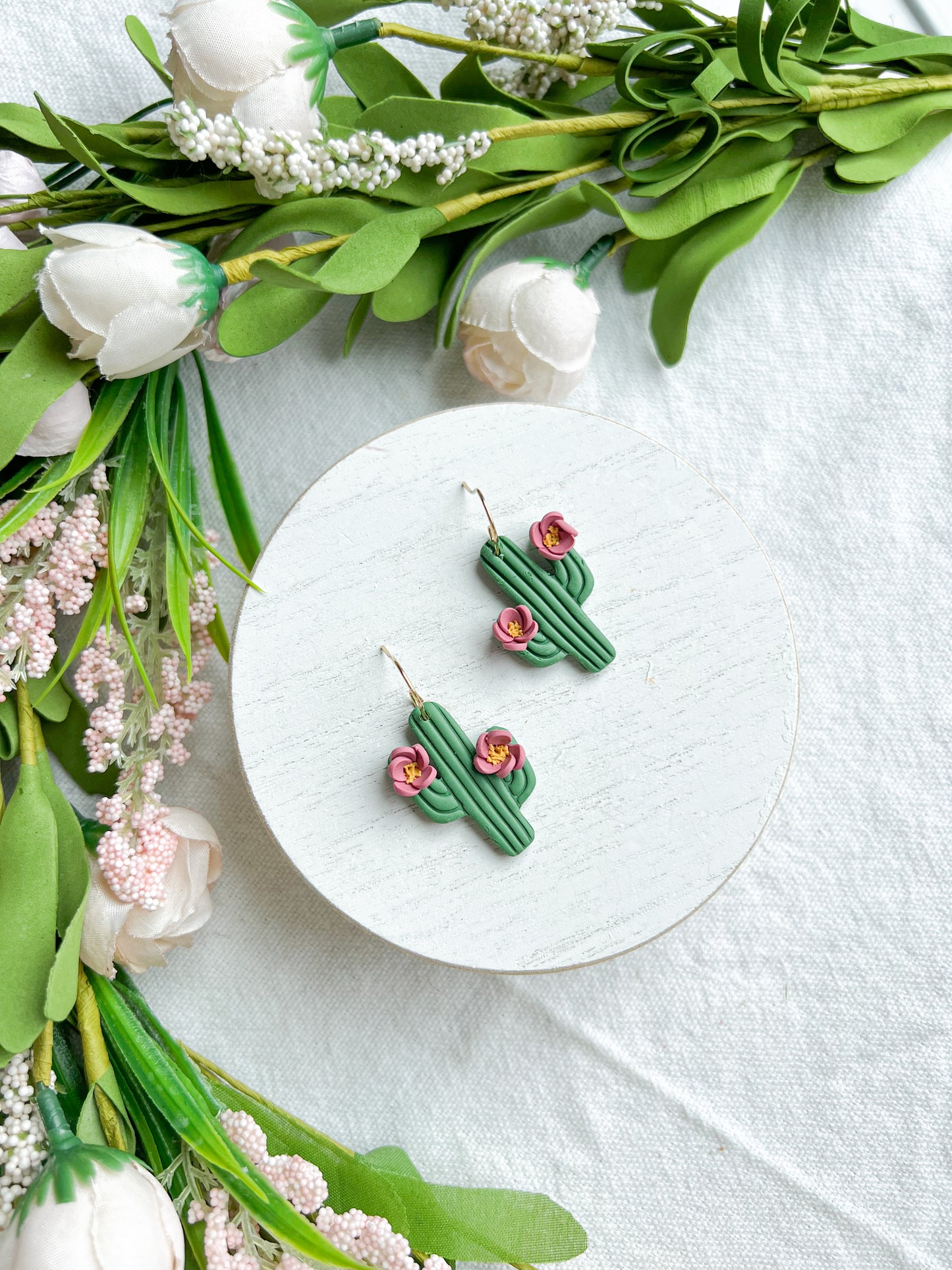 Pink Floral Cactus Polymer Clay Earrings