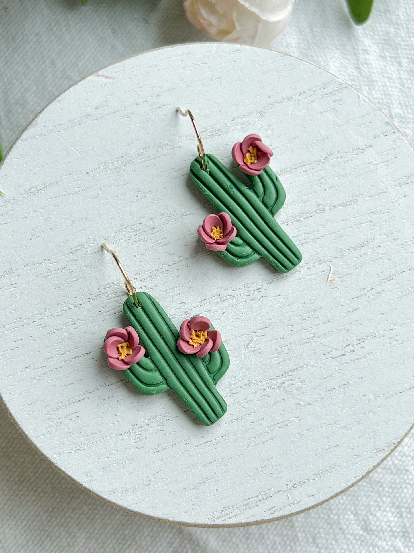 Pink Floral Cactus Polymer Clay Earrings
