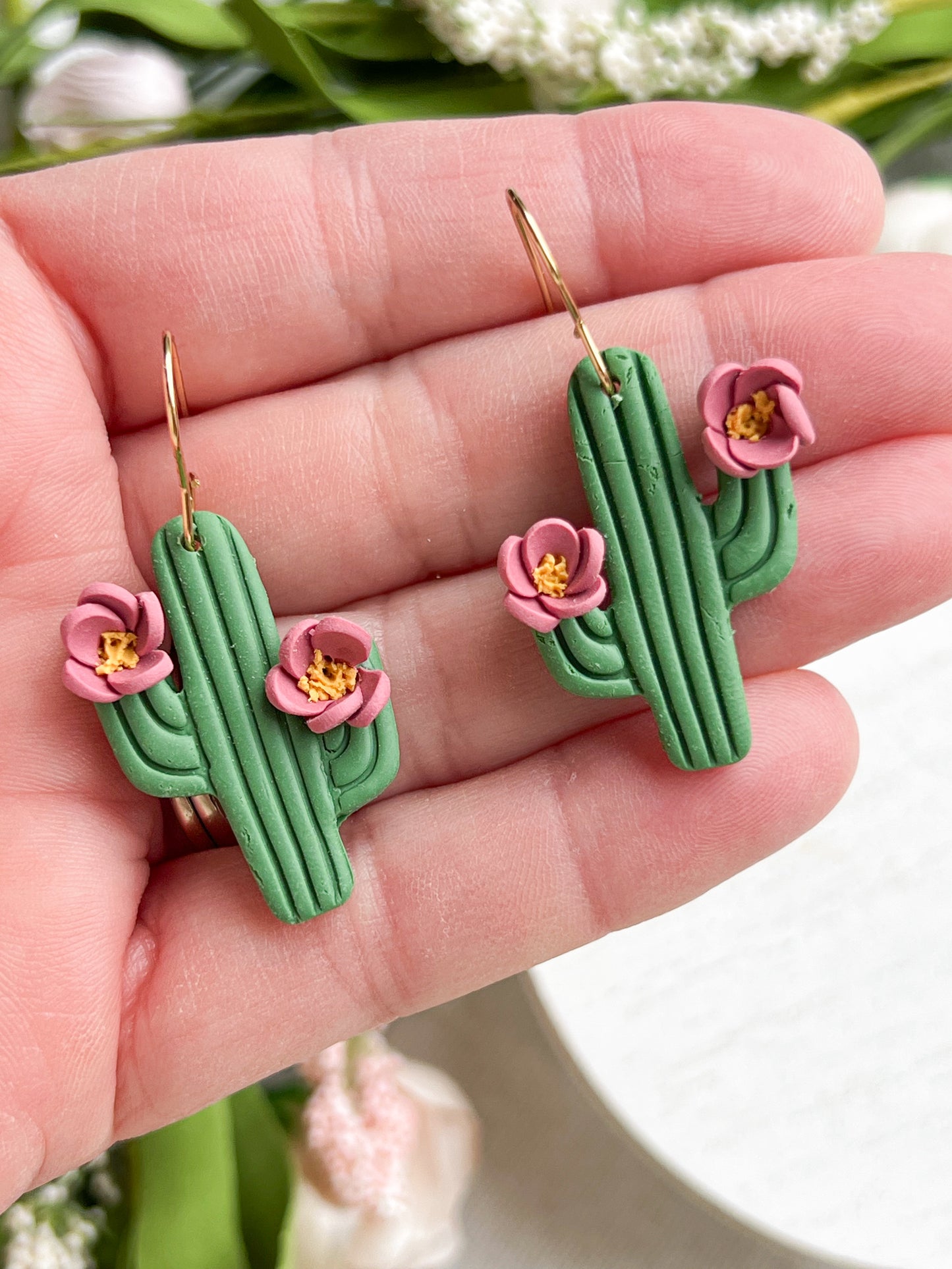 Pink Floral Cactus Polymer Clay Earrings