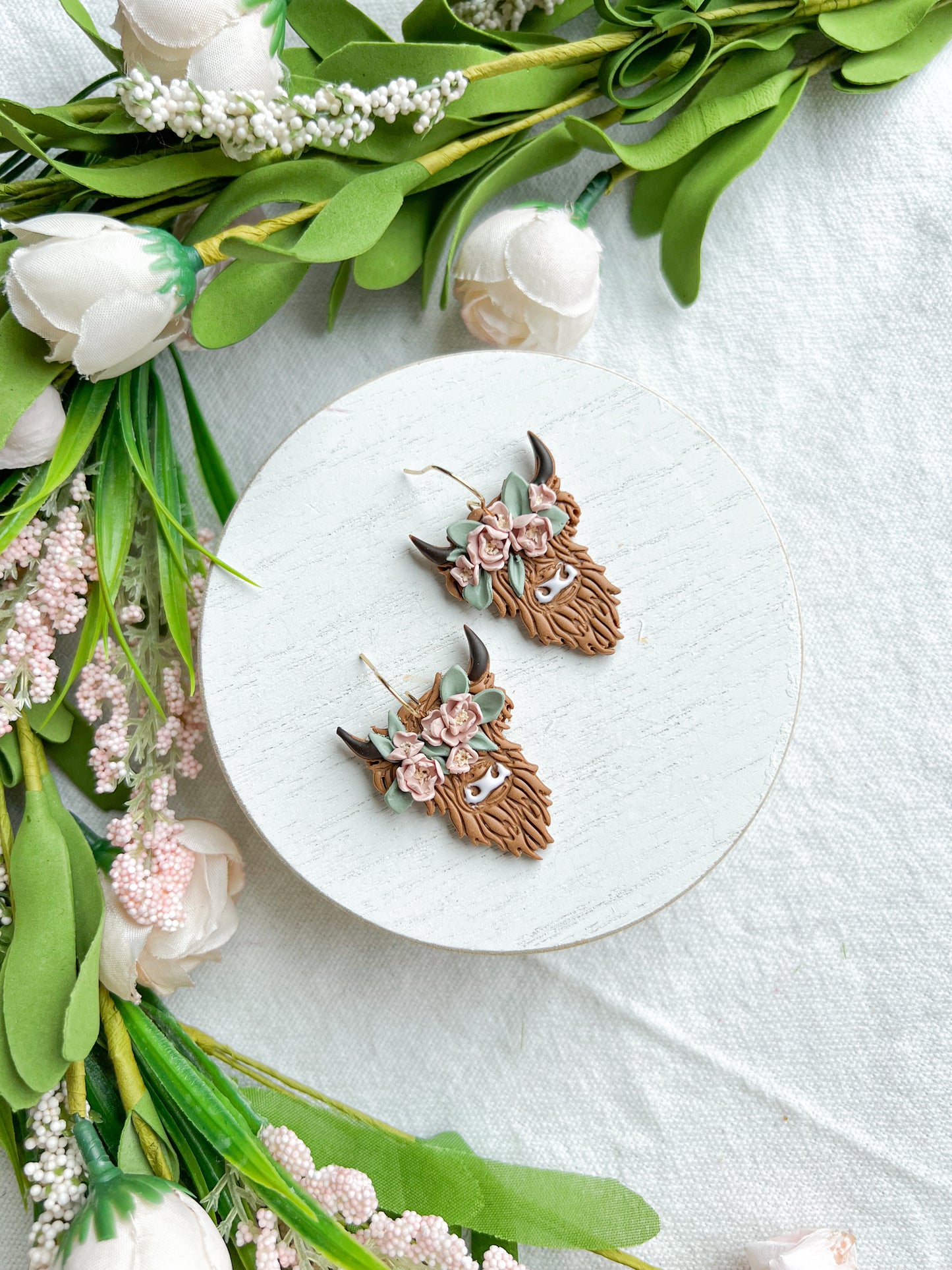 Highland Cow with Floral Crown Polymer Clay Earrings