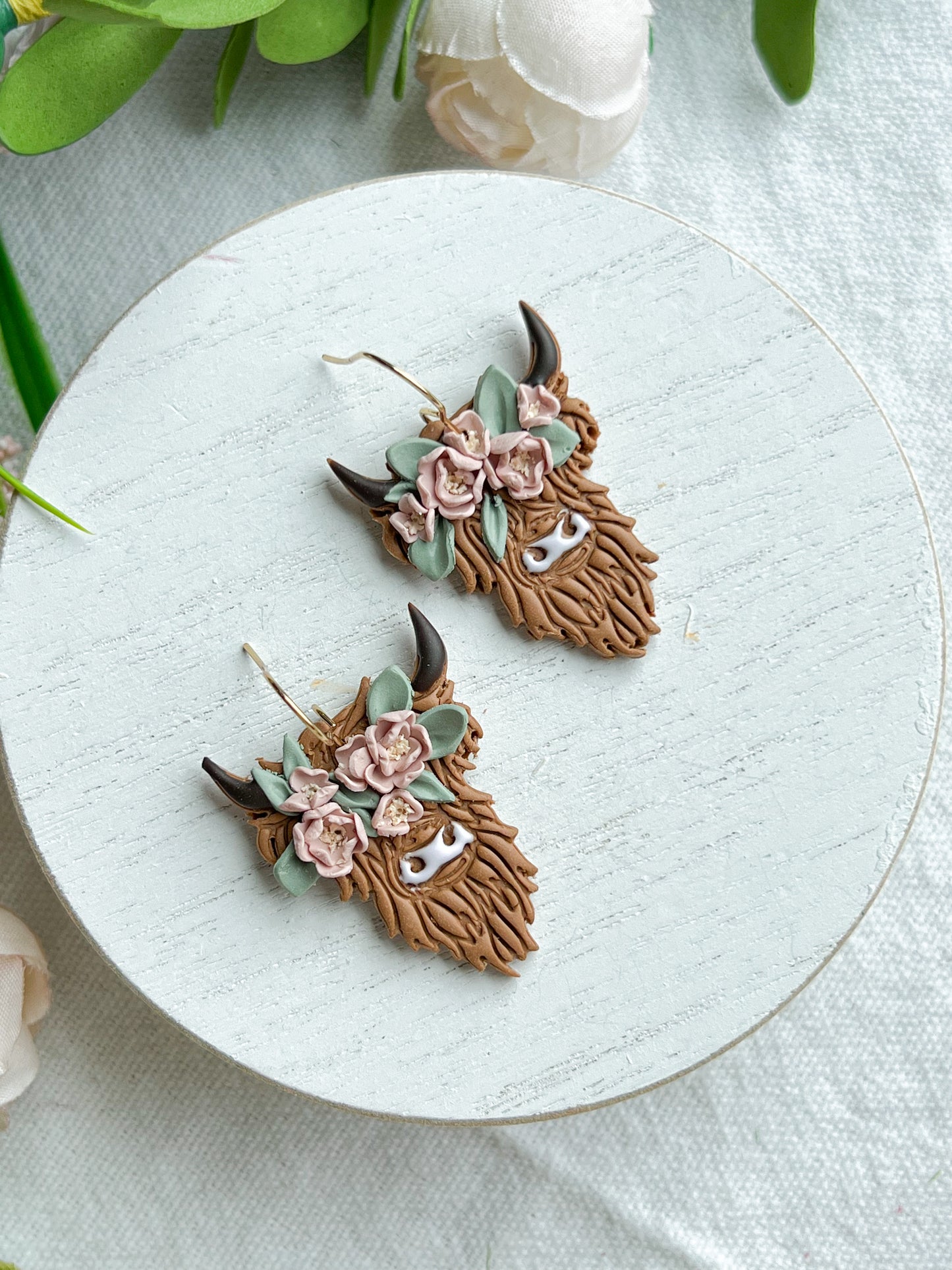 Highland Cow with Floral Crown Polymer Clay Earrings
