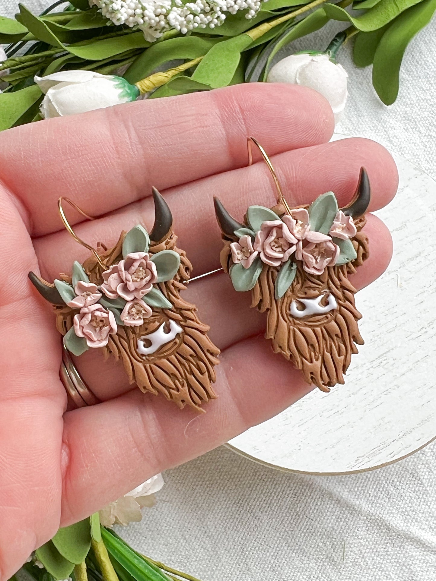 Highland Cow with Floral Crown Polymer Clay Earrings
