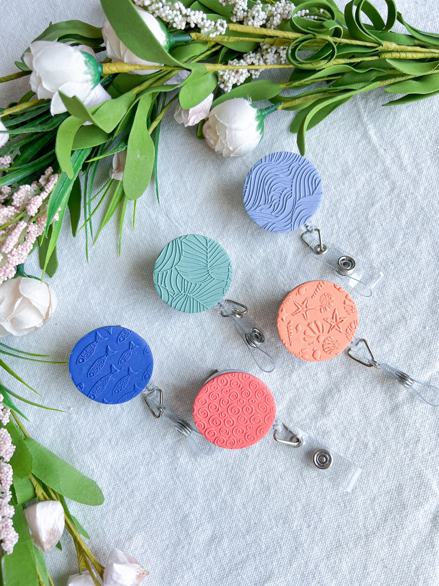 Colorful Textured Summer Beach Polymer Clay Badges | Nurse and Teacher Retractable Badges