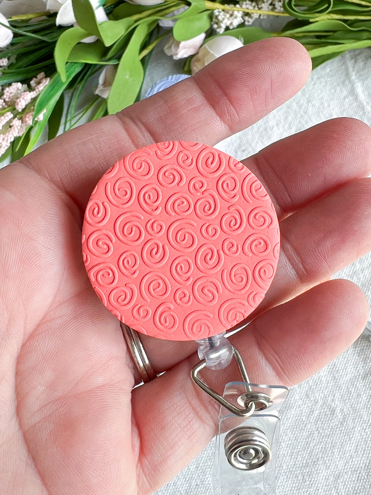 Colorful Textured Summer Beach Polymer Clay Badges | Nurse and Teacher Retractable Badges
