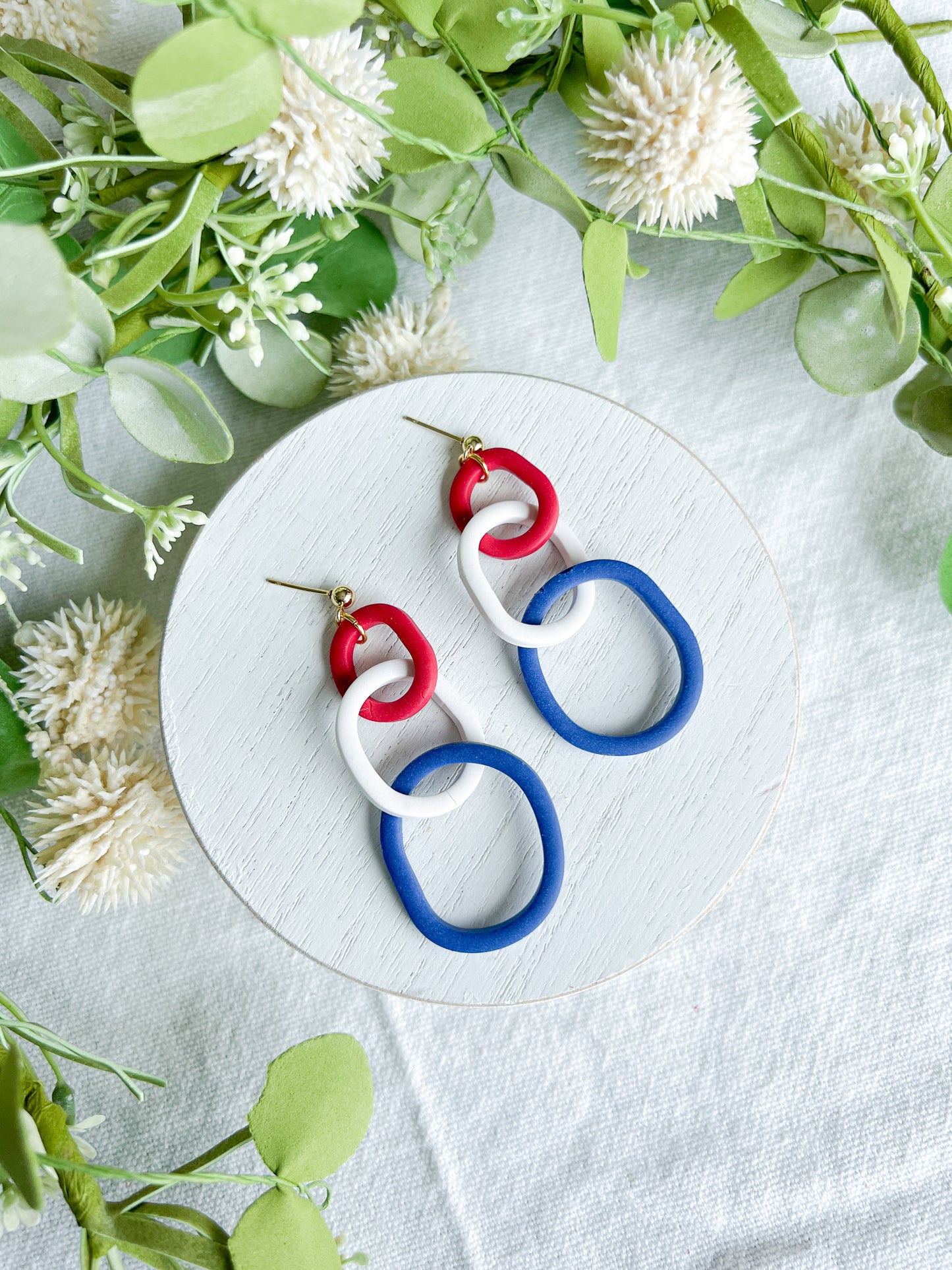 Red, White, and Blue Oval Chain Link Polymer Clay Dangle Earrings