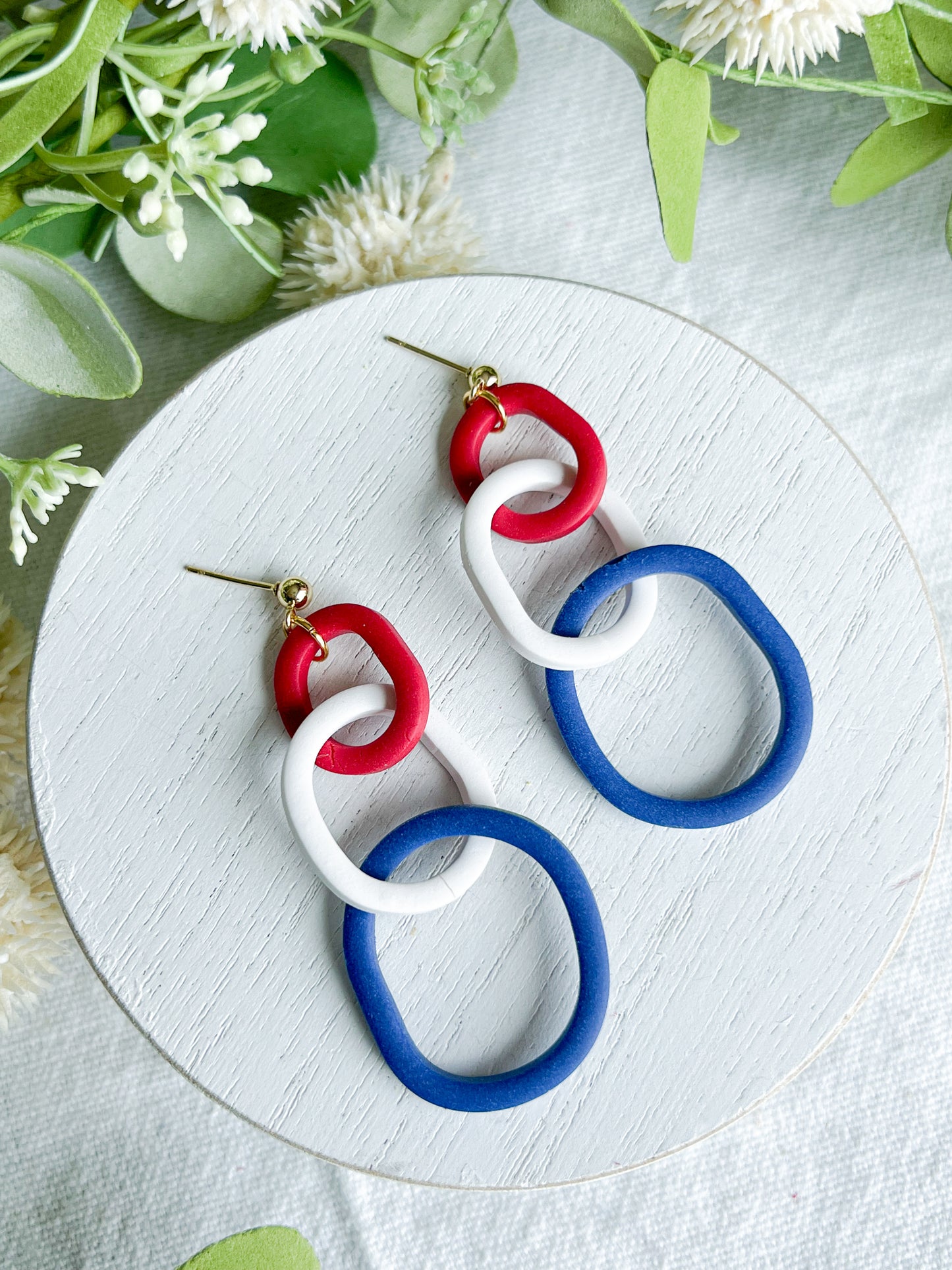 Red, White, and Blue Oval Chain Link Polymer Clay Dangle Earrings