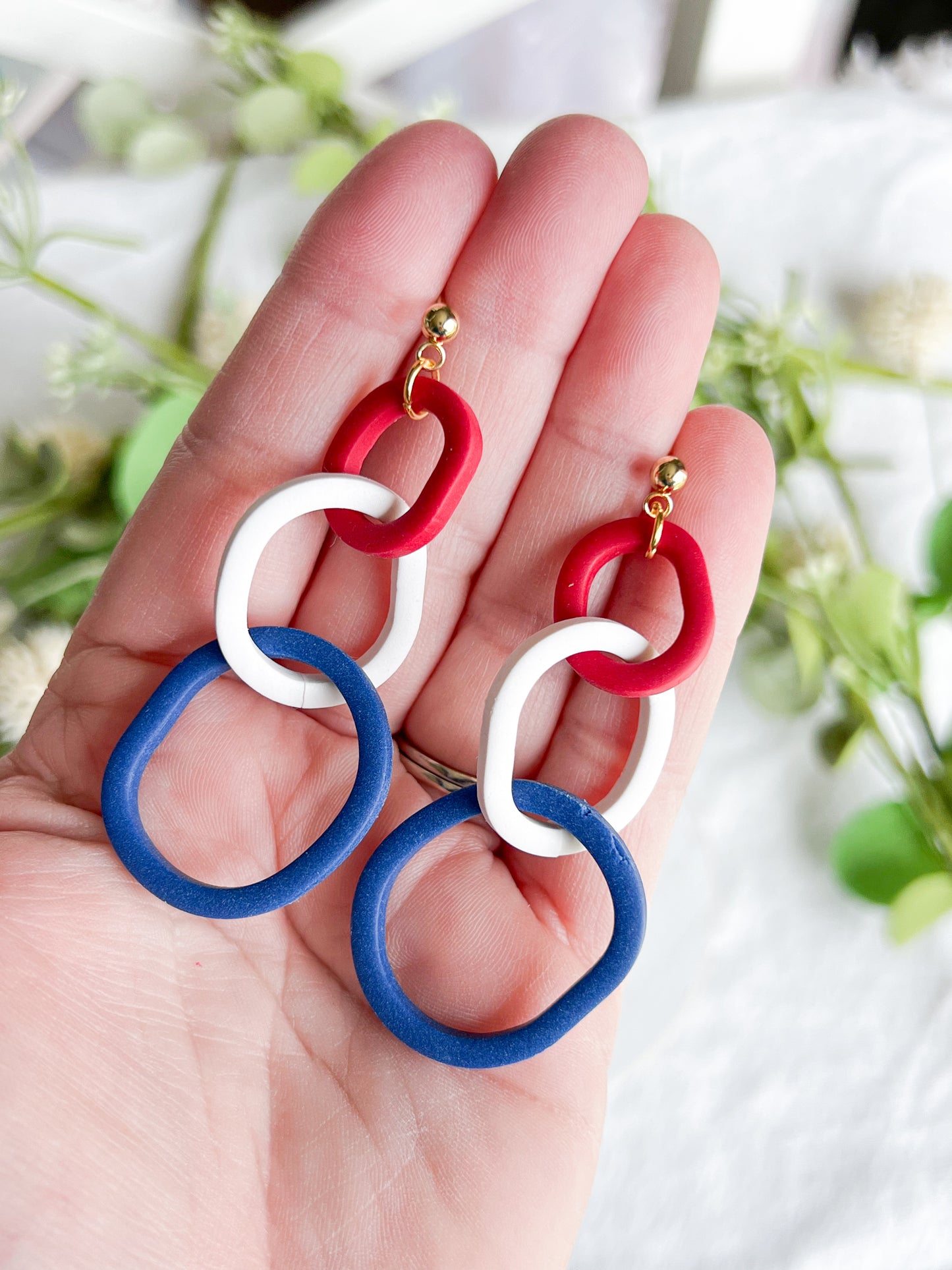Red, White, and Blue Oval Chain Link Polymer Clay Dangle Earrings