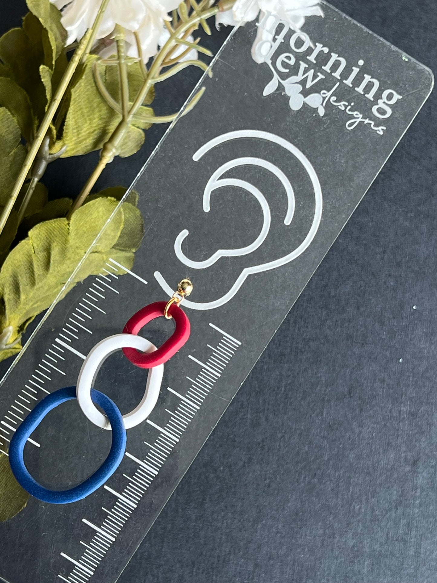 Red, White, and Blue Oval Chain Link Polymer Clay Dangle Earrings