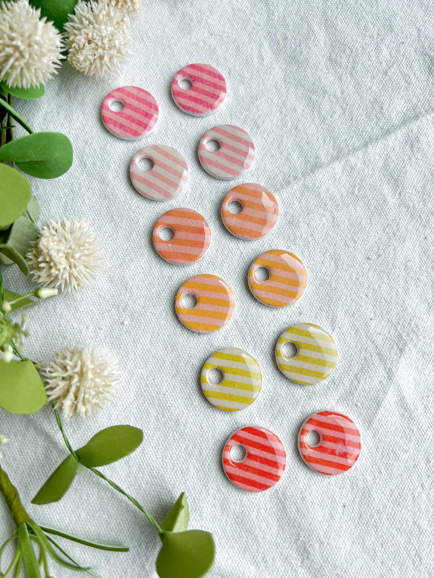 Bright Pink and Peach Striped Interchangeable Clay Disc Charms (hoops sold separately)