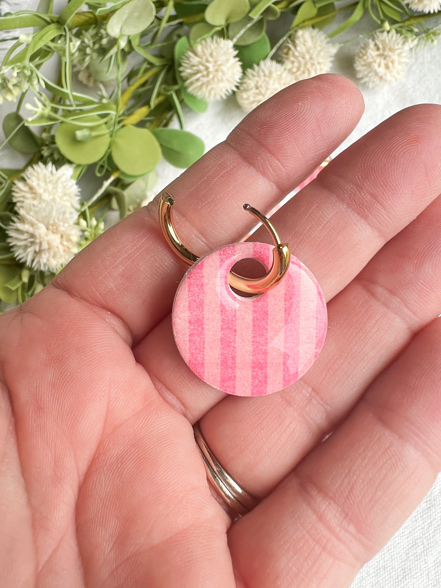 Bright Pink and Peach Striped Interchangeable Clay Disc Charms (hoops sold separately)