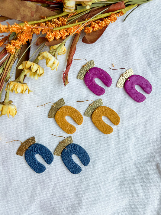 Navy, Mustard, and Magenta Embossed Polymer Clay Earrings