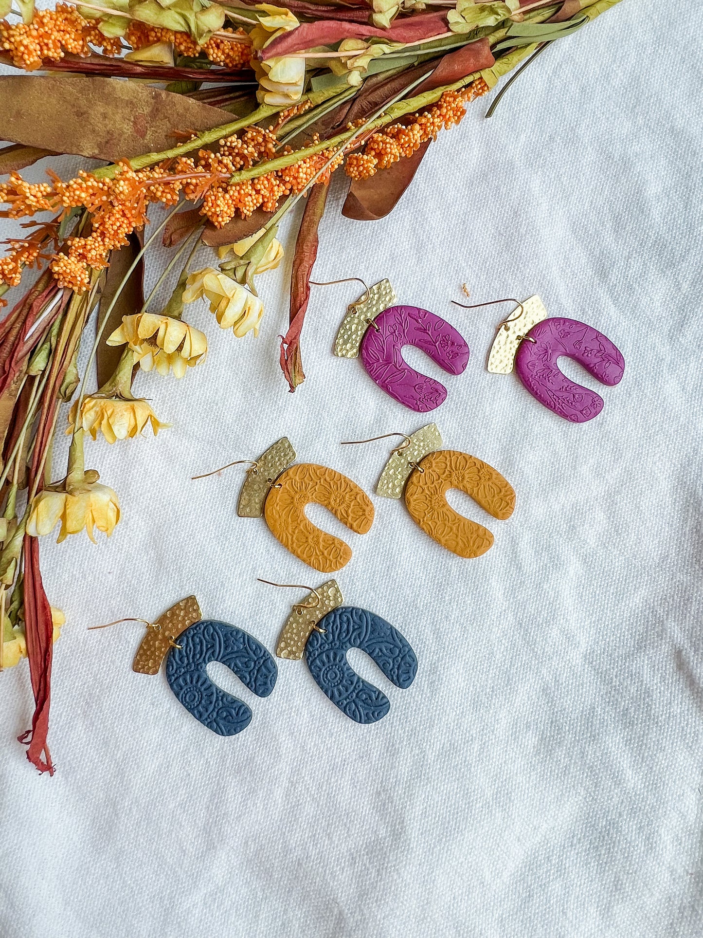Navy, Mustard, and Magenta Embossed Polymer Clay Earrings