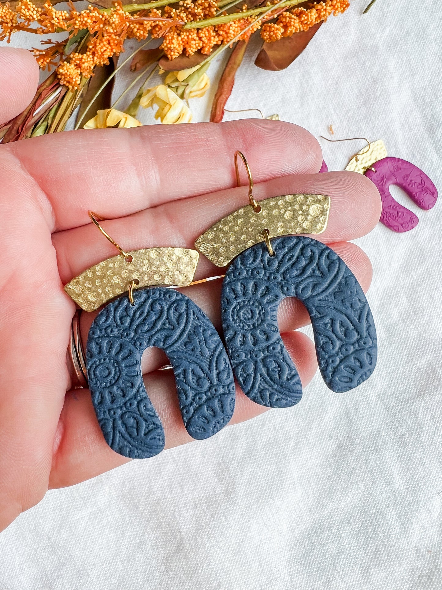 Navy, Mustard, and Magenta Embossed Polymer Clay Earrings