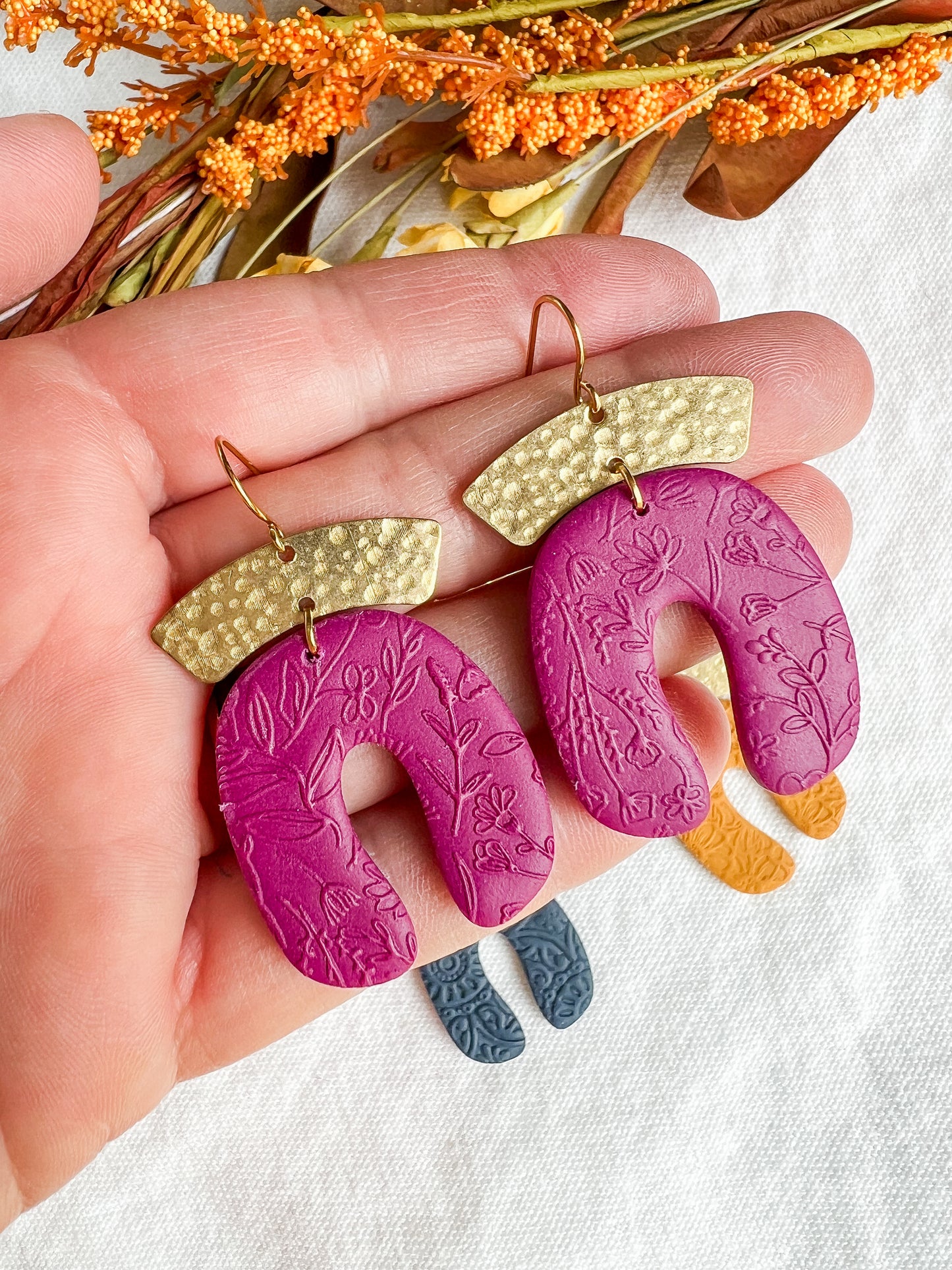 Navy, Mustard, and Magenta Embossed Polymer Clay Earrings